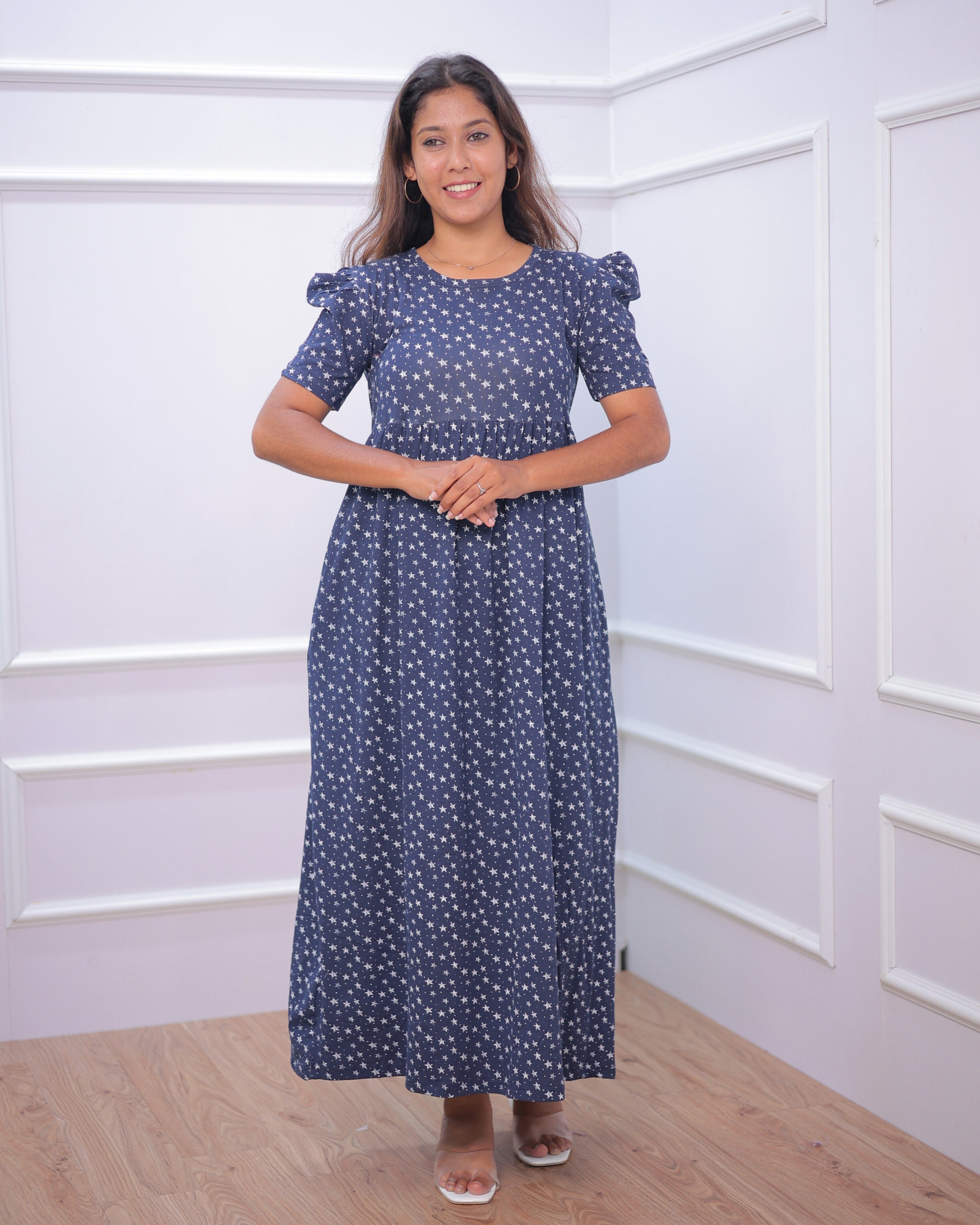 Navy Star | Casual Non-Maternity Loungewear - Puff Sleeve | Full Length