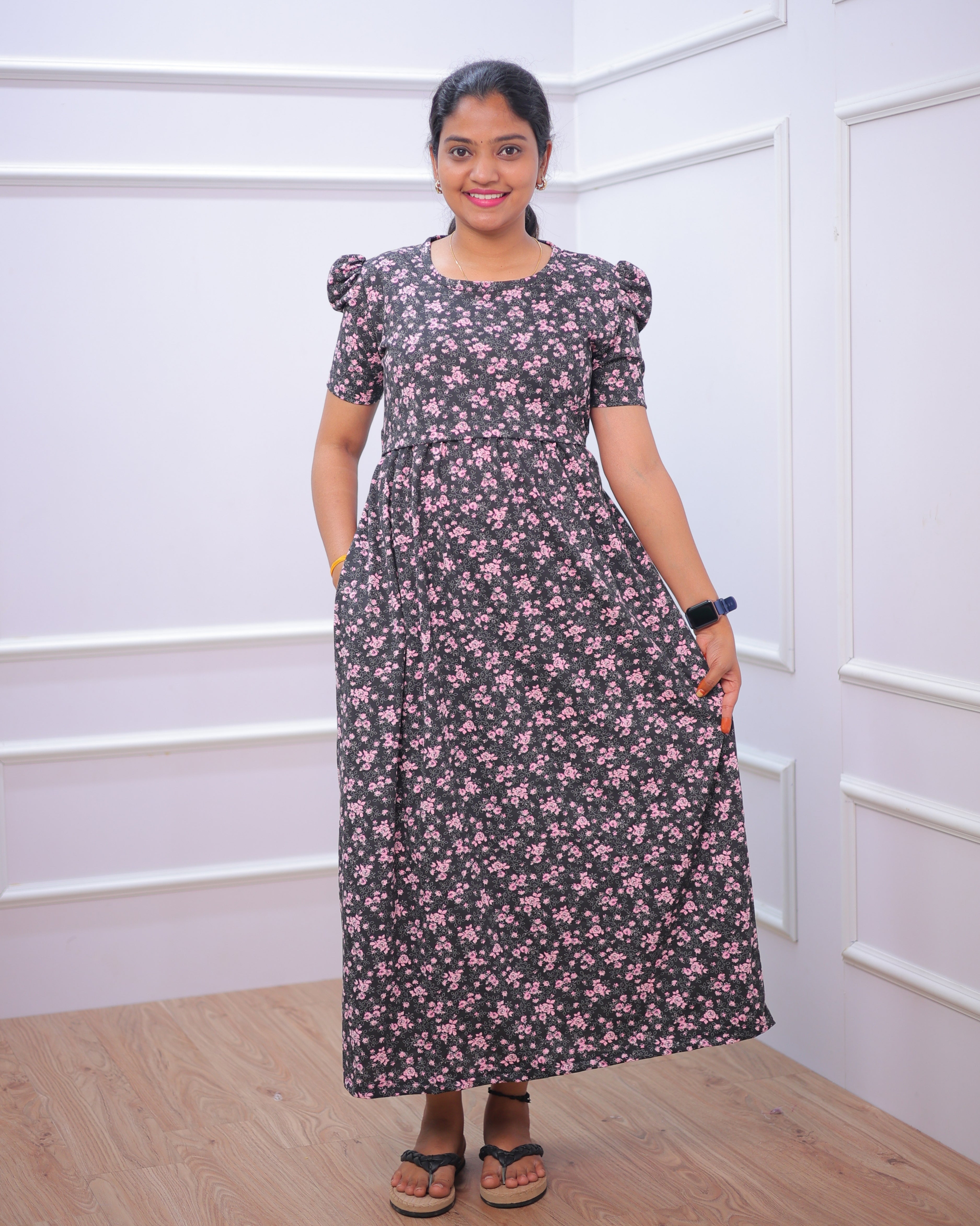 Jivitha | Zipless Maternity Dress - Puff Sleeves | Full Length