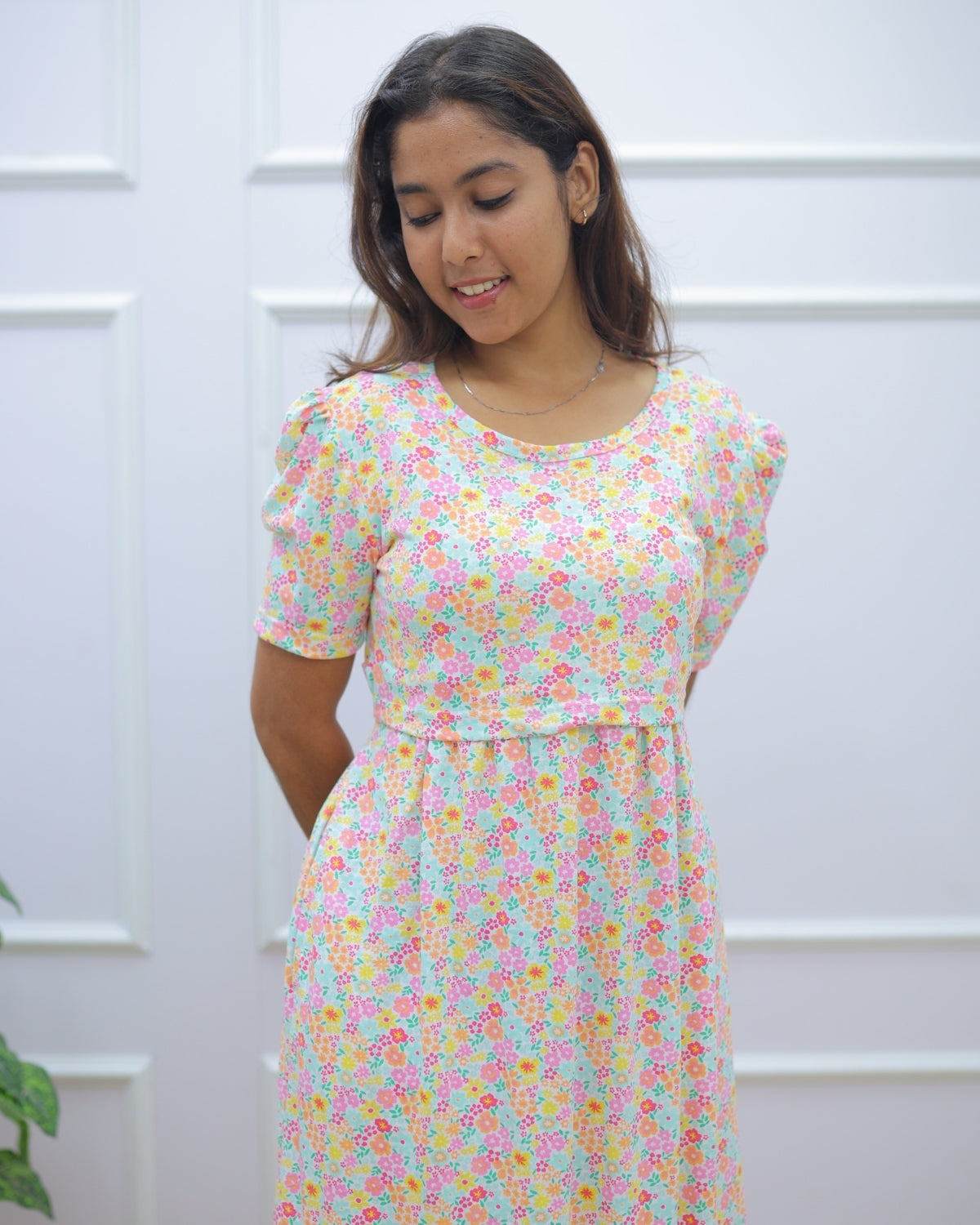 Jiya | Zipless Maternity Dress - Puff Sleeves | Full Length Maxi