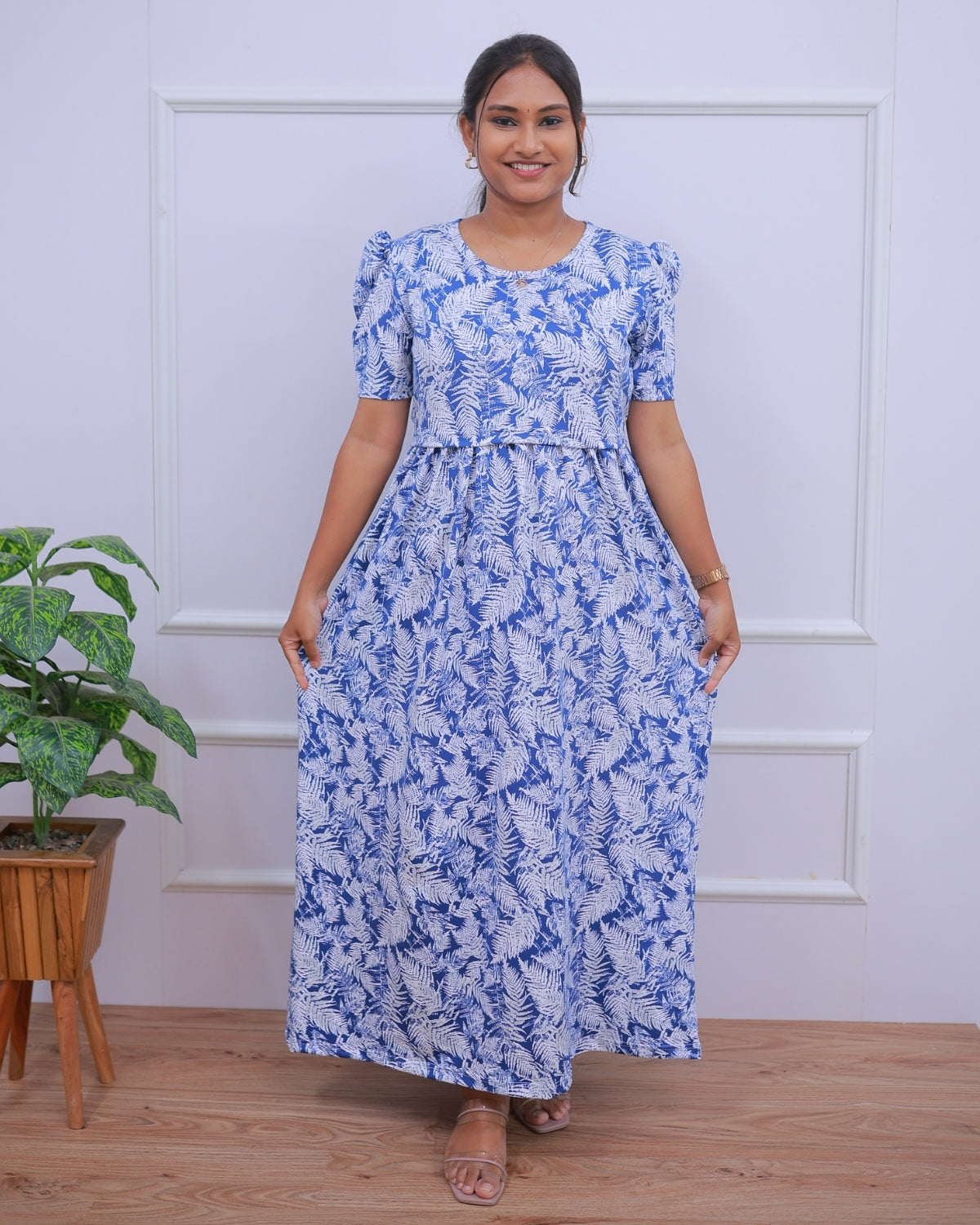 Gayathri | Zipless Maternity Dress - Puff Sleeves | Full Length Maxi