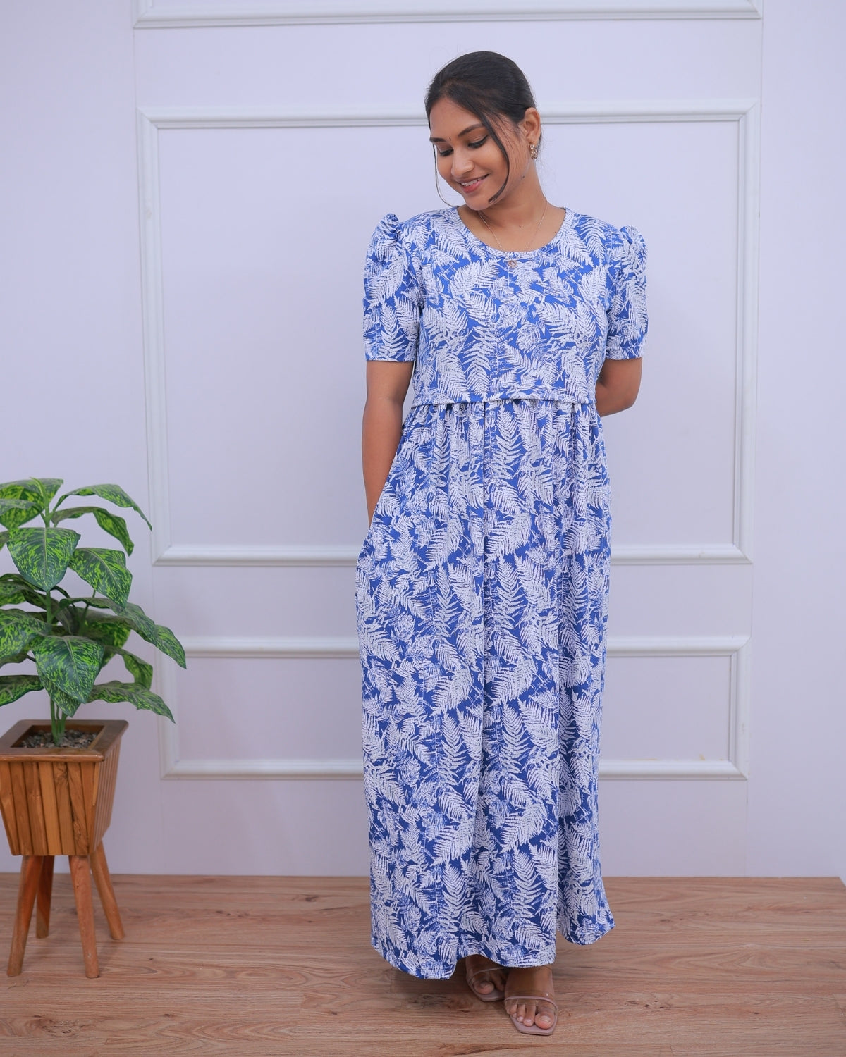 Gayathri | Zipless Maternity Dress - Puff Sleeves | Full Length Maxi