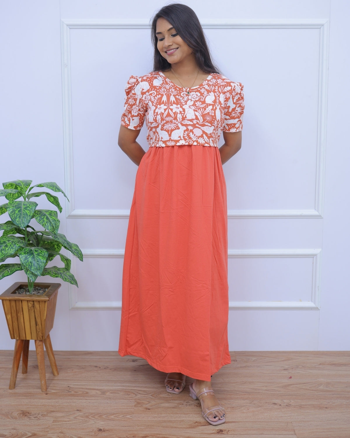 Amira | Zipless Maternity Dress - Puff Sleeves | Full Length Maxi