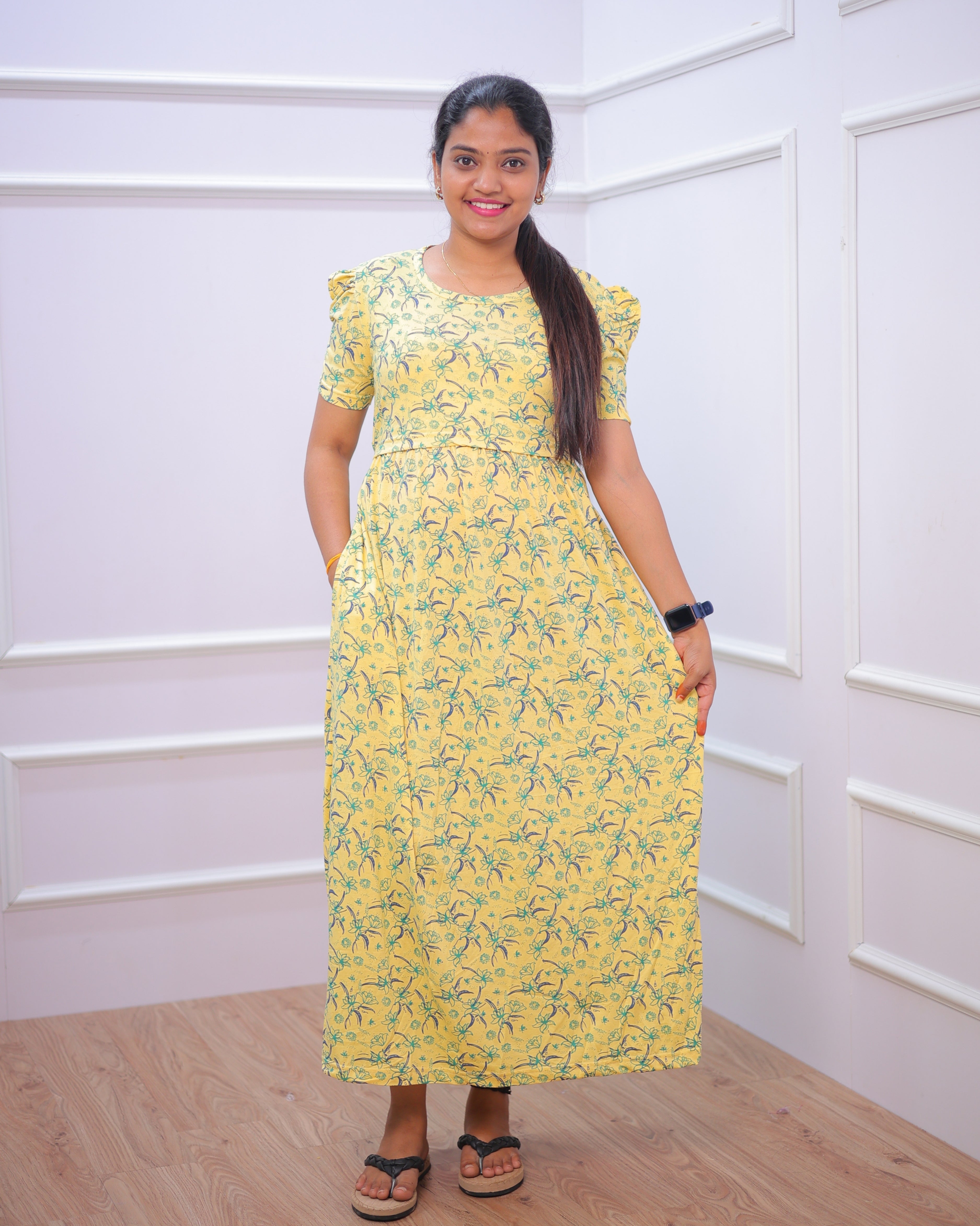Ritika | Zipless Maternity Dress - Puff Sleeves | Full Length