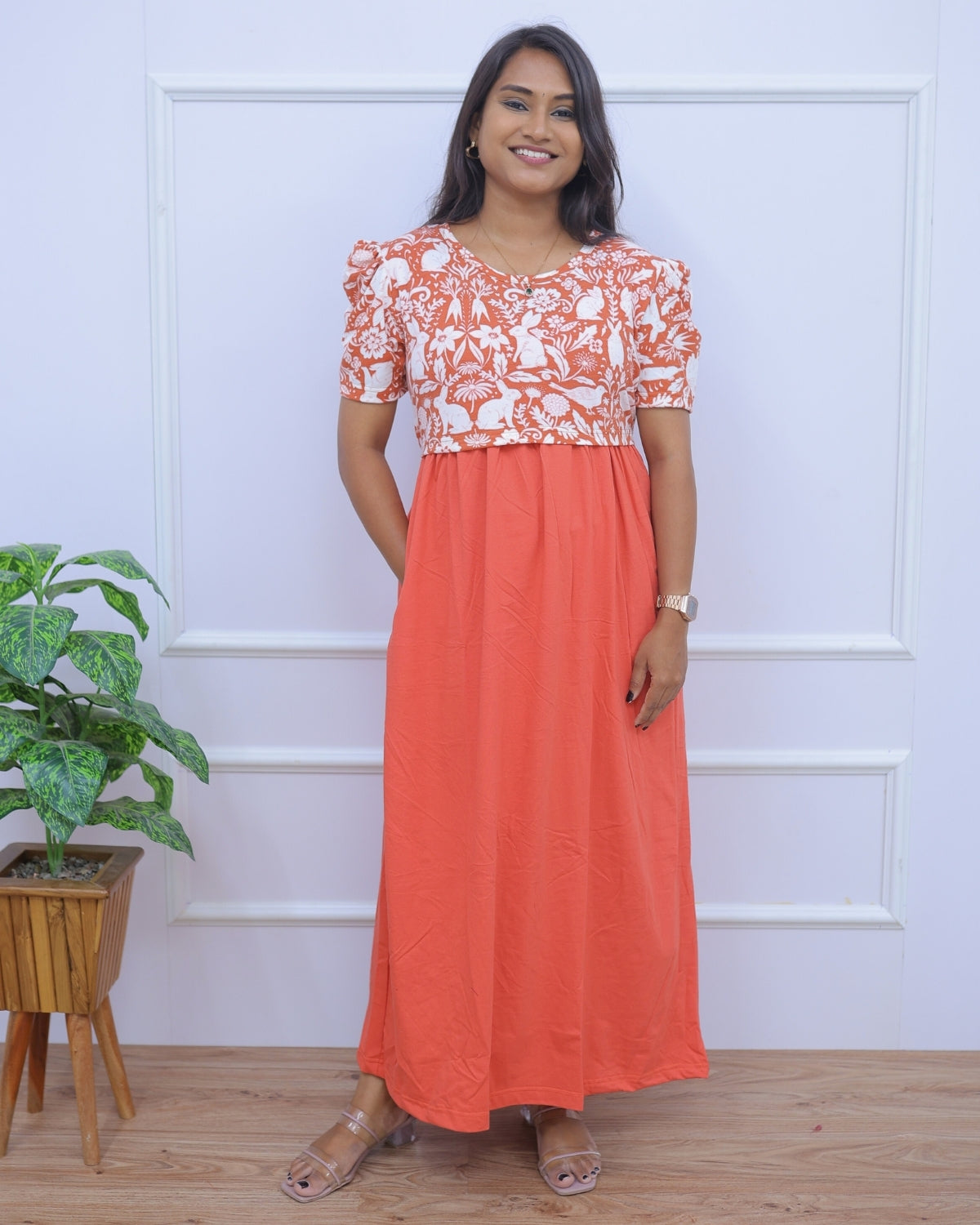 Amira | Zipless Maternity Dress - Puff Sleeves | Full Length Maxi