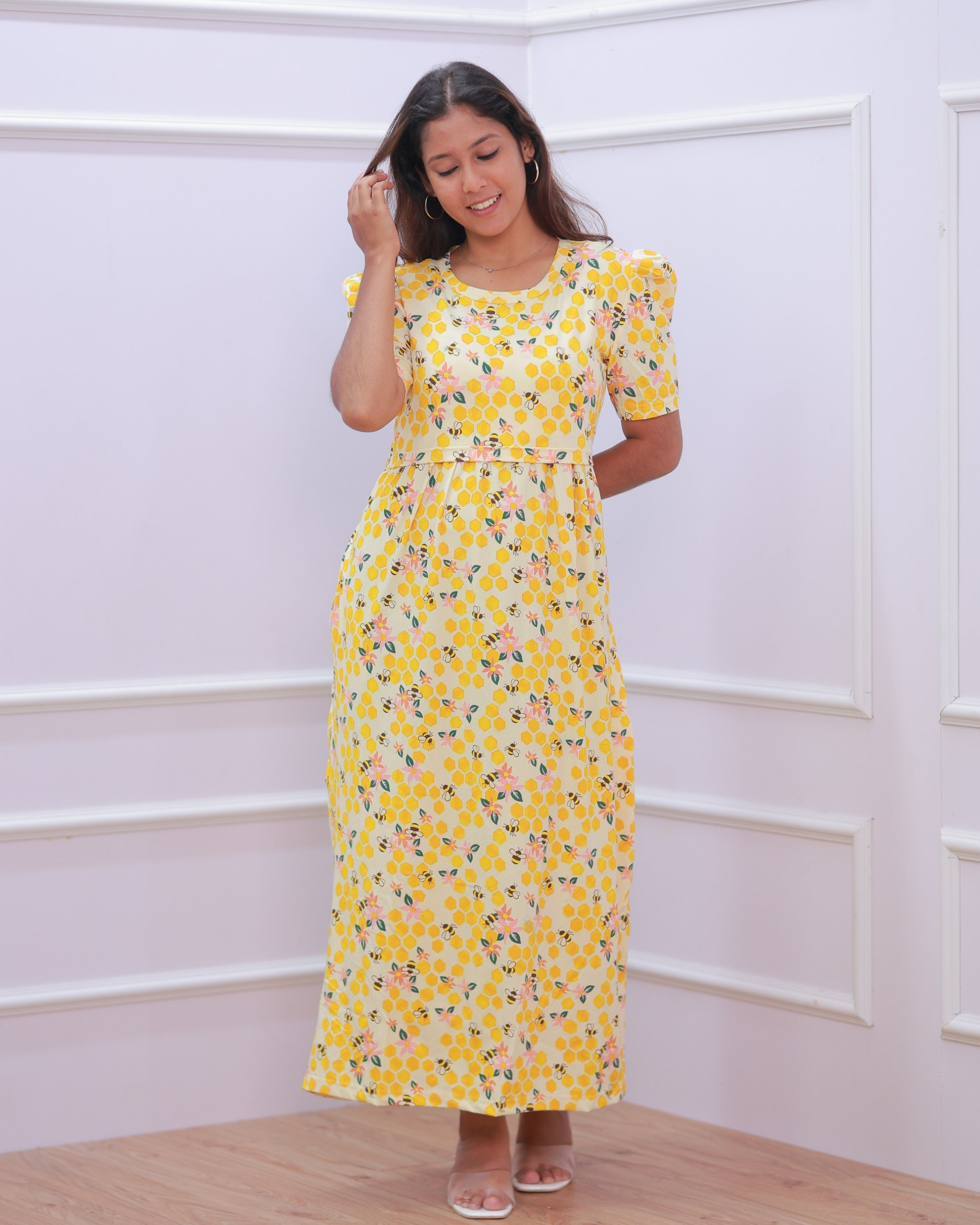 Mila | Zipless Maternity Dress - Puff Sleeves | Full Length