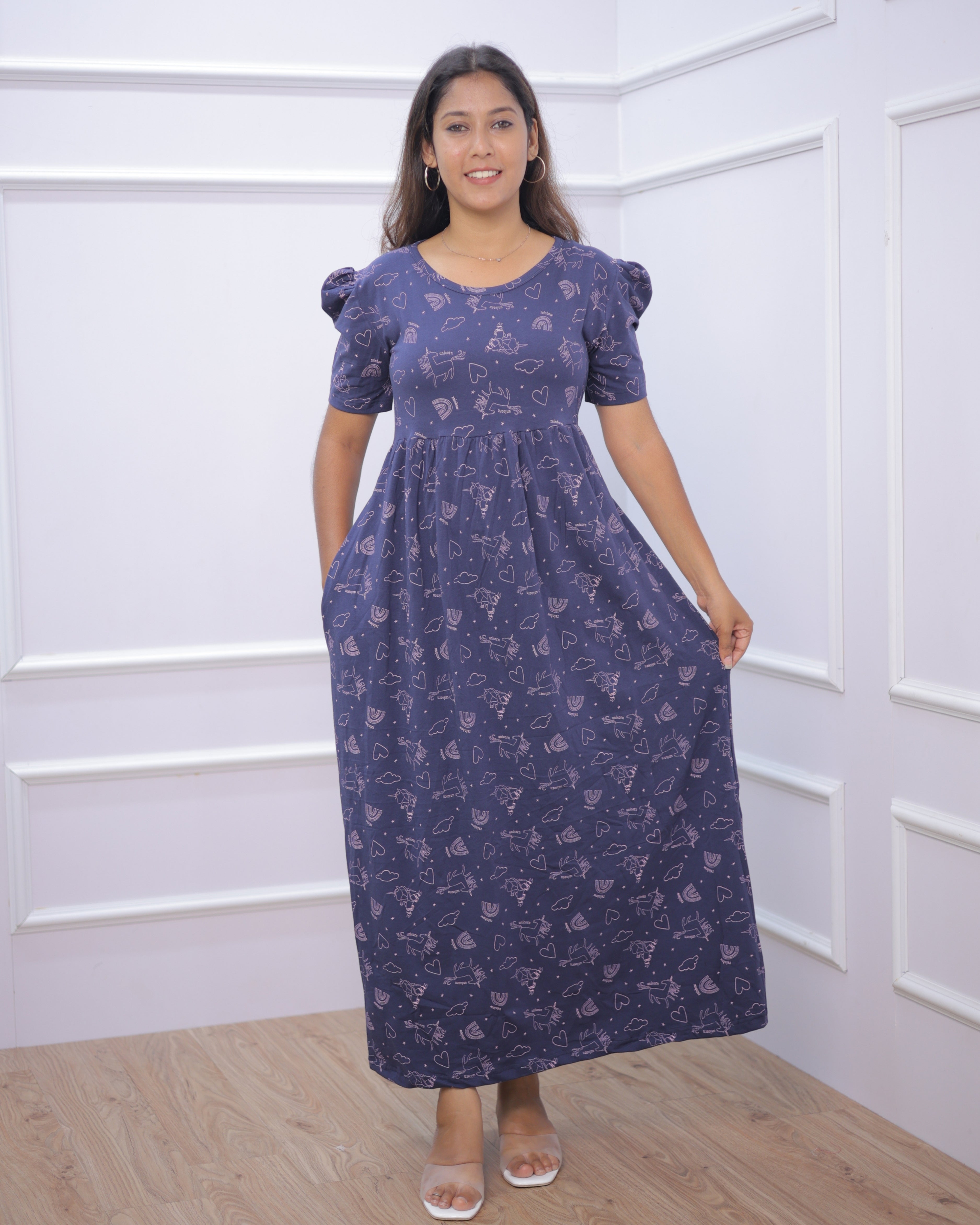 Navy Horn | Casual Non-Maternity Loungewear - Puff Sleeve | Full Length