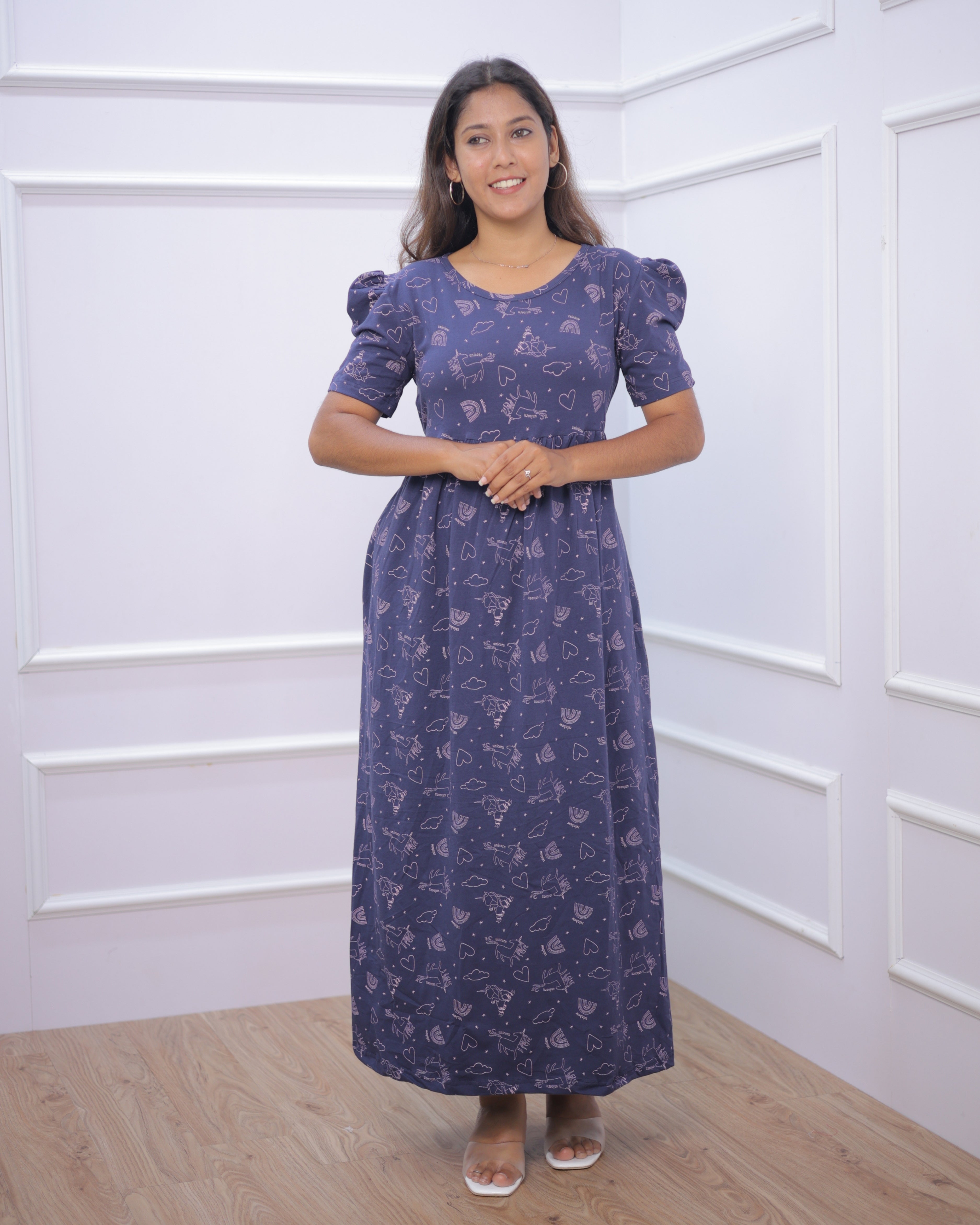 Navy Horn | Casual Non-Maternity Loungewear - Puff Sleeve | Full Length