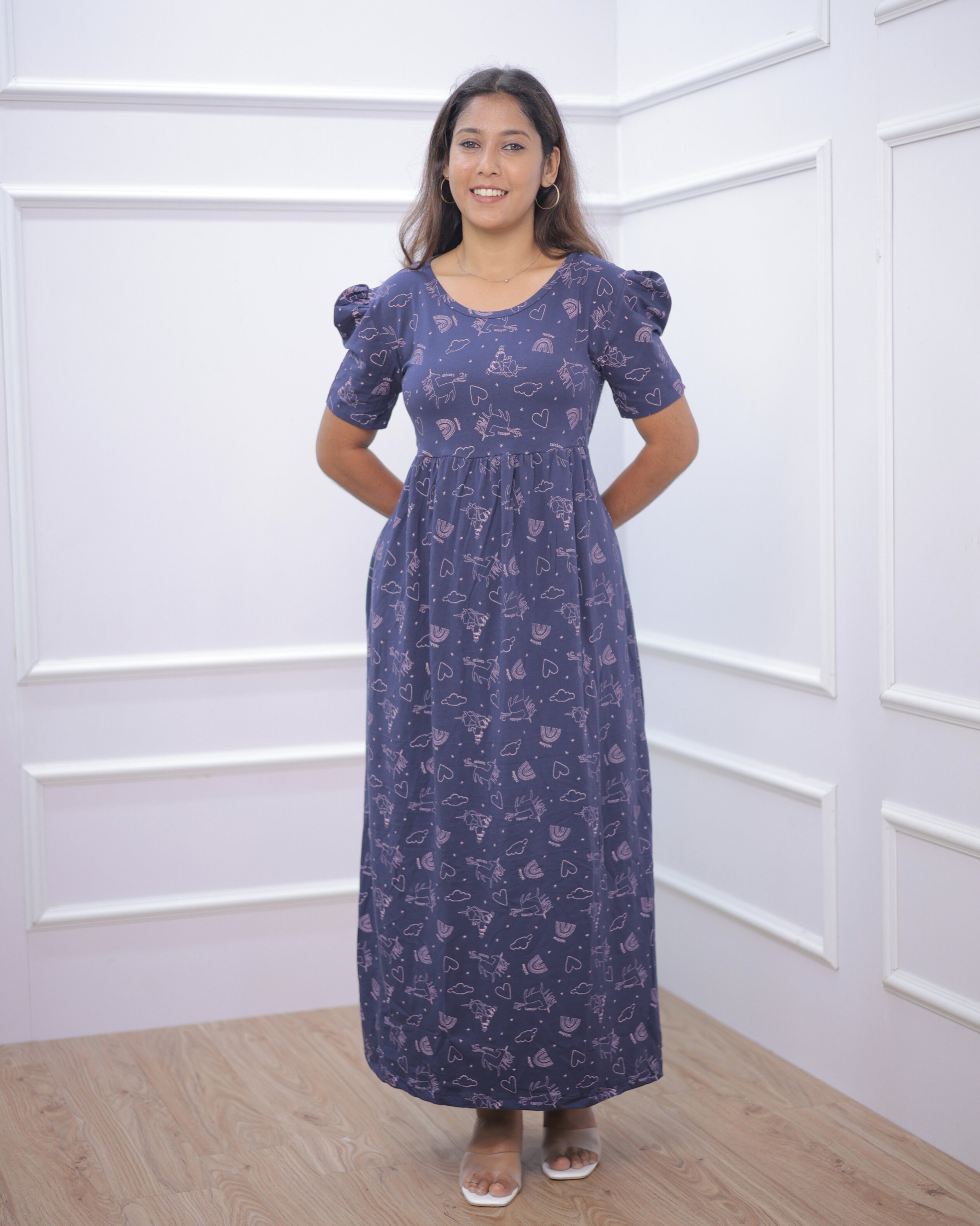 Navy Horn | Casual Non-Maternity Loungewear - Puff Sleeve | Full Length