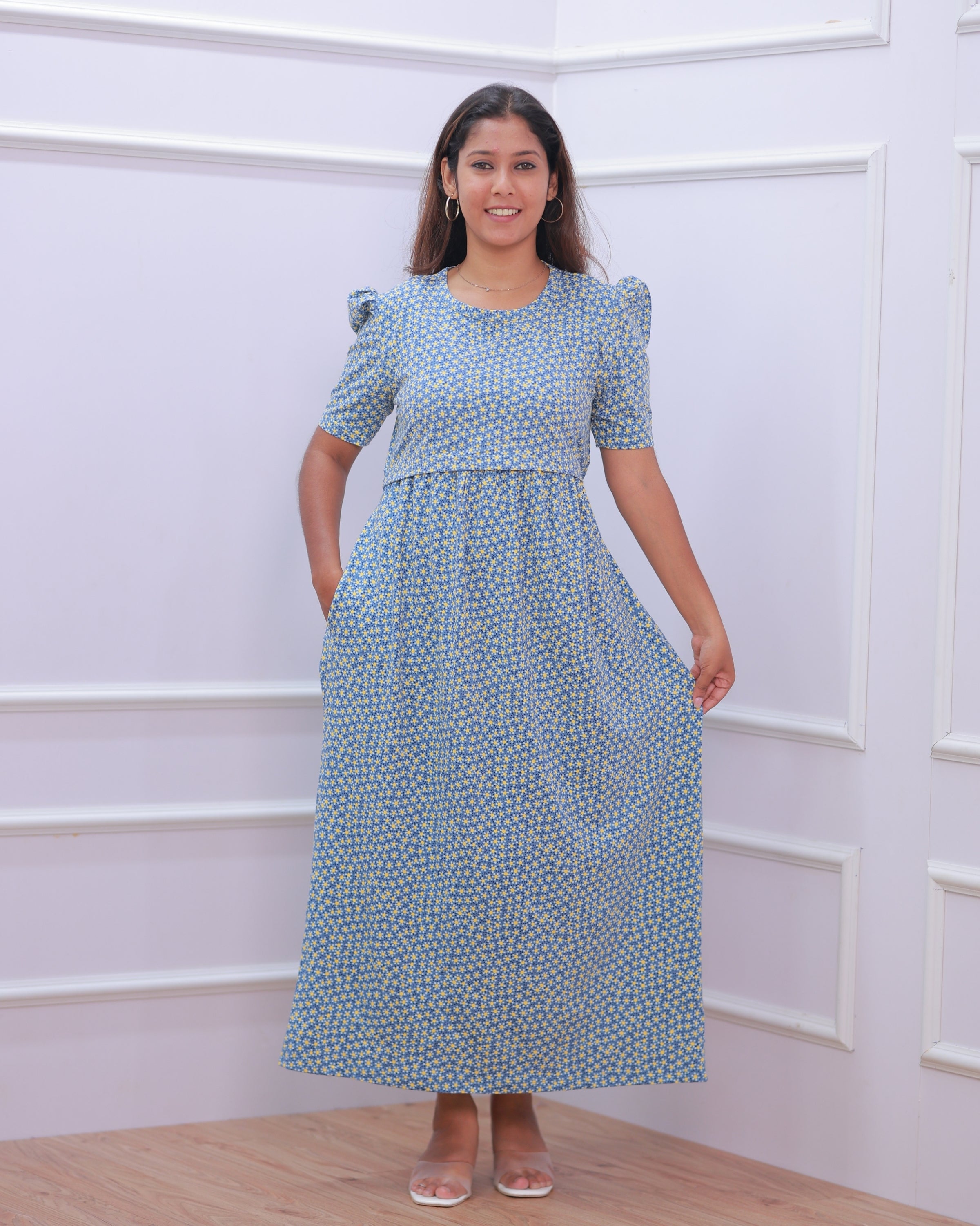 Iris V1 | Zipless Maternity Dress - Puff Sleeves | Full Length