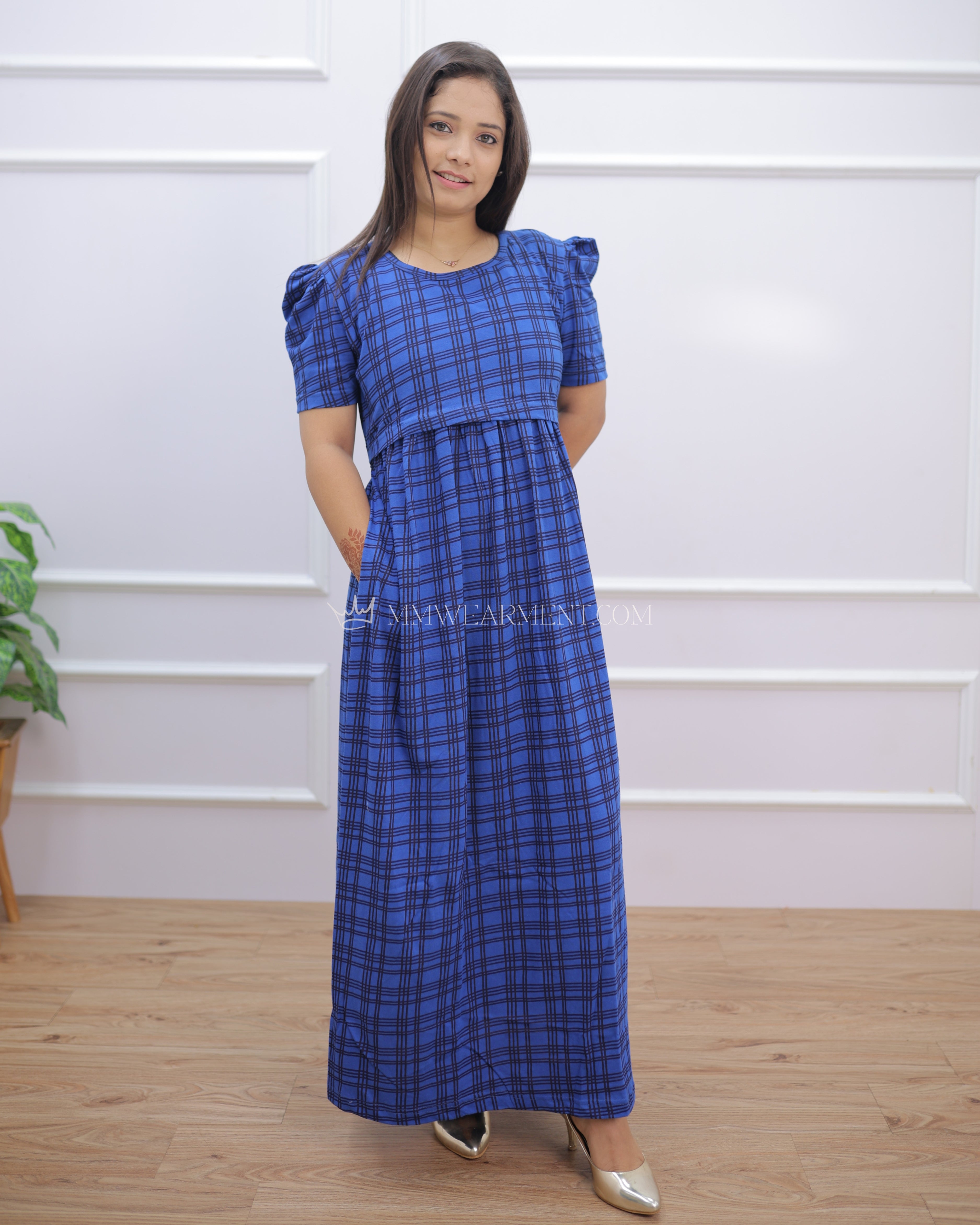 Checks | Zipless Maternity Dress - Puff Sleeves | Full Length