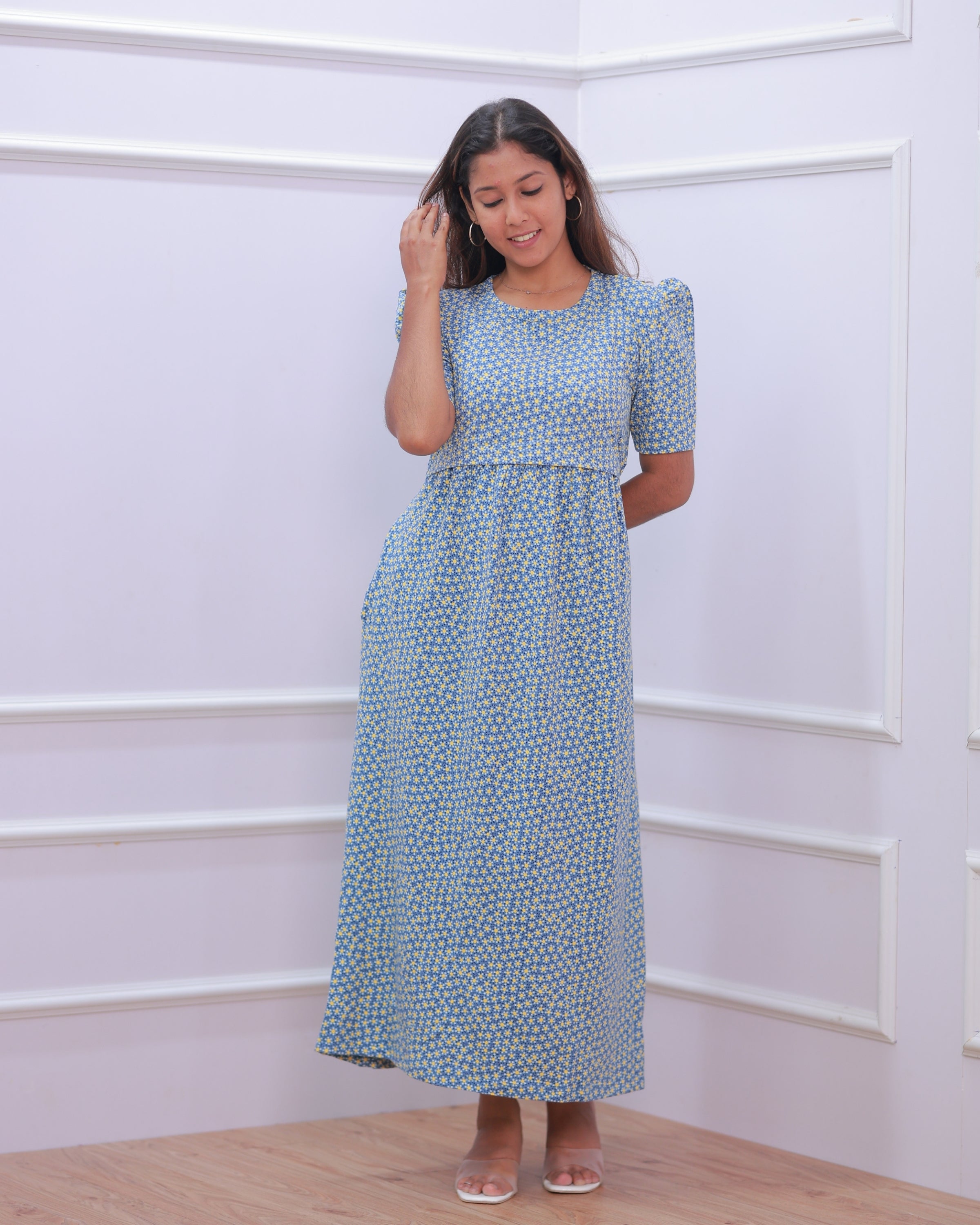Iris V1 | Zipless Maternity Dress - Puff Sleeves | Full Length