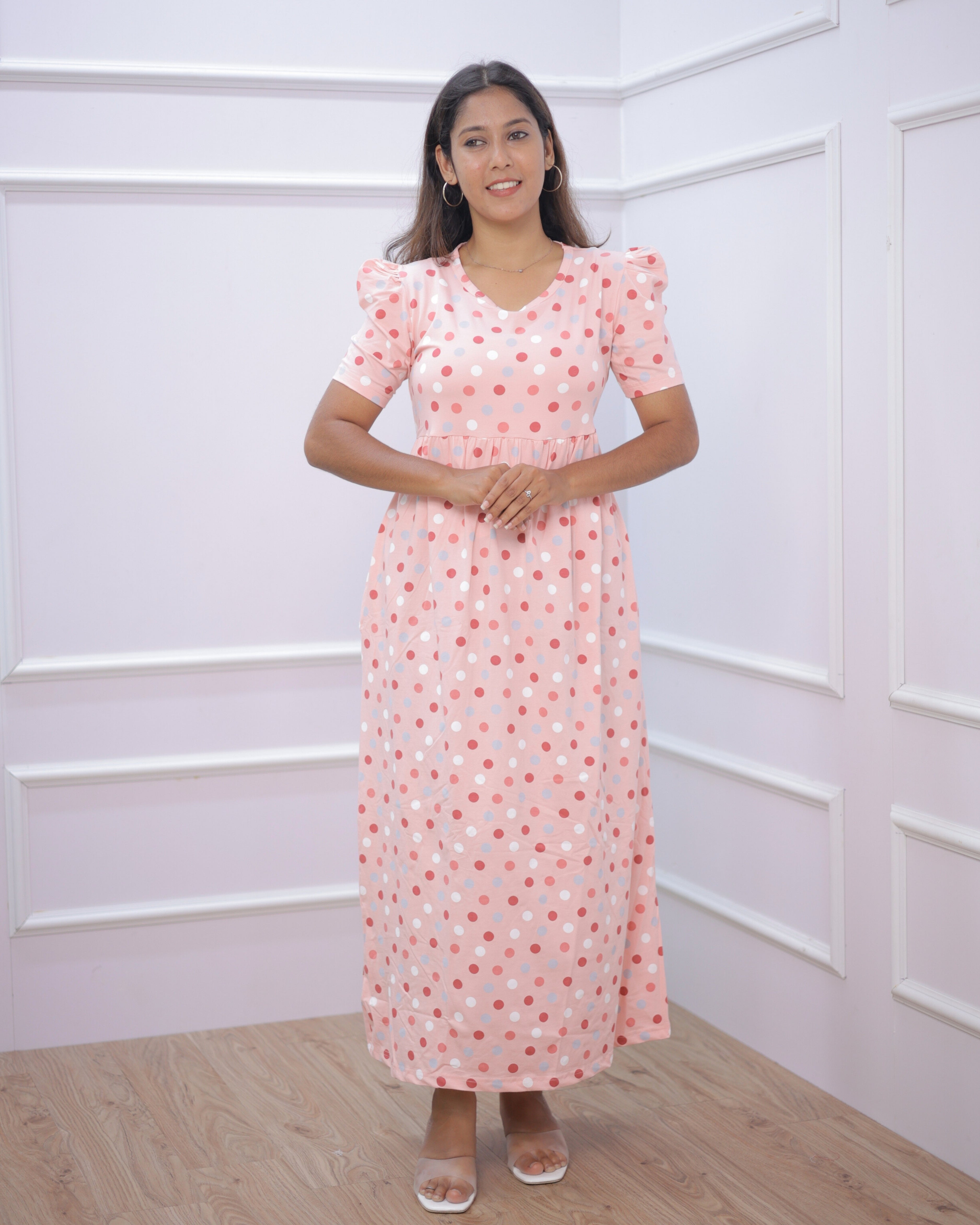 Peach Polka | Casual Non-Maternity Loungewear - Puff Sleeve | Full Length