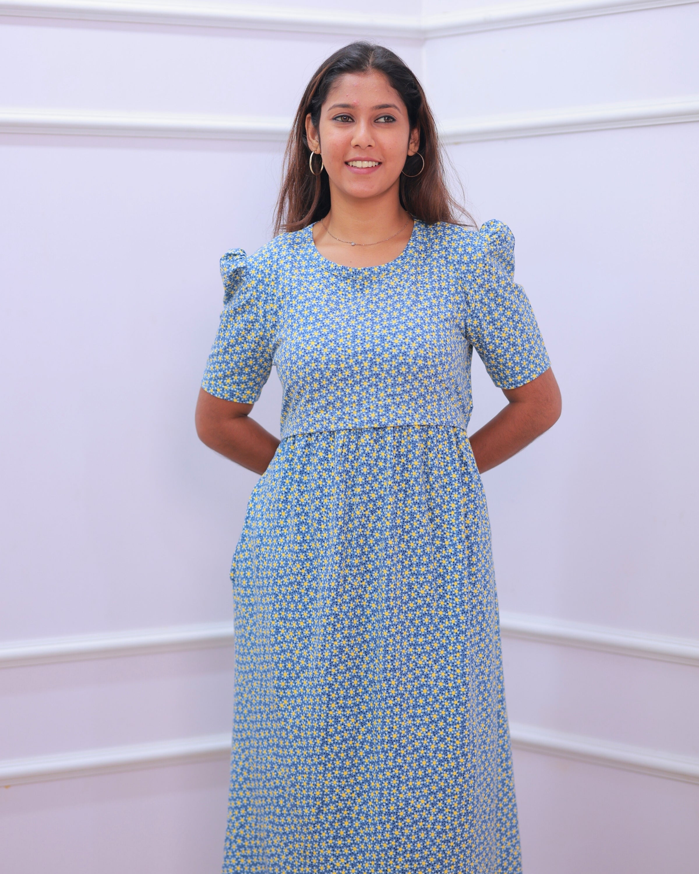 Iris V1 | Zipless Maternity Dress - Puff Sleeves | Full Length
