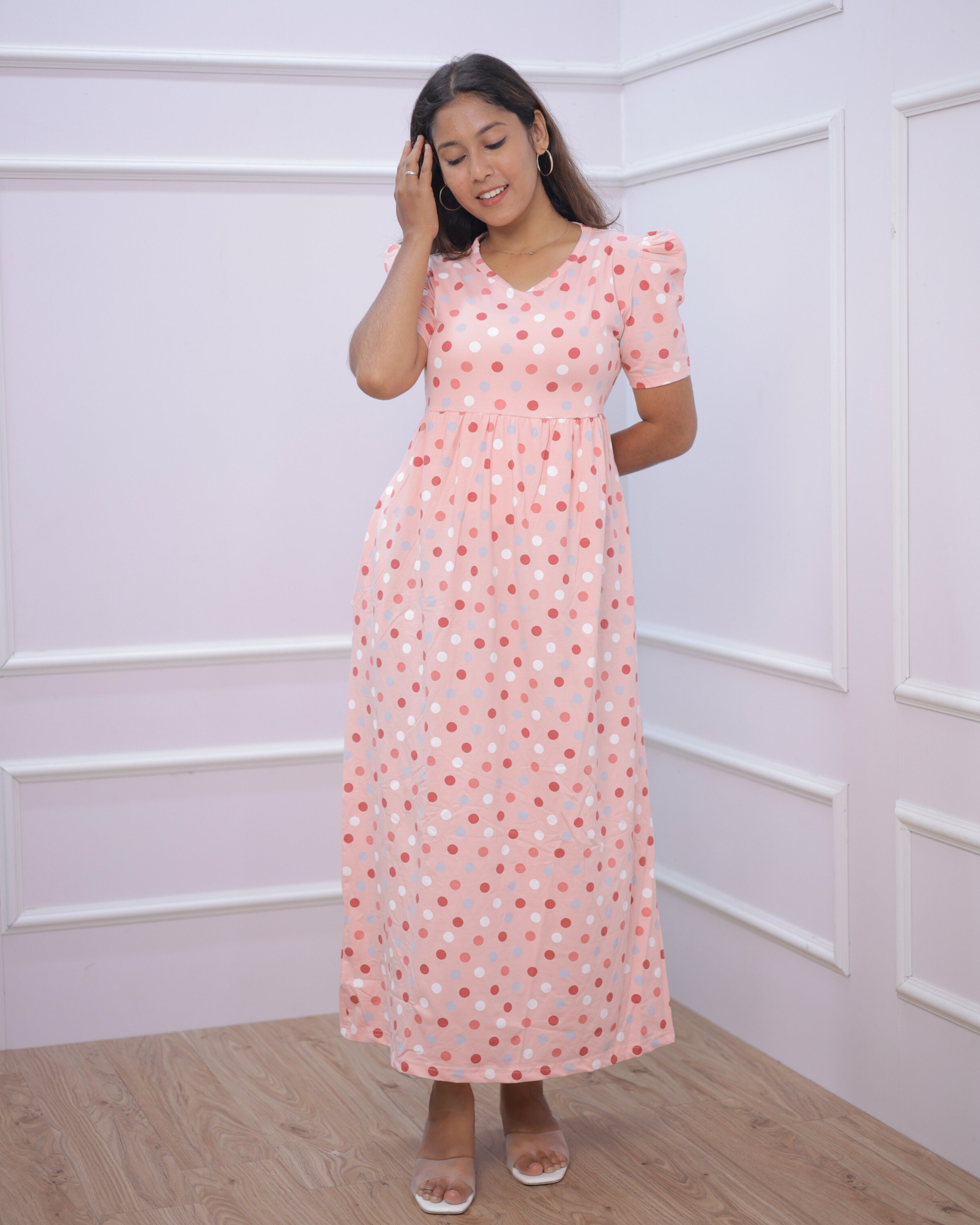 Peach Polka | Casual Non-Maternity Loungewear - Puff Sleeve | Full Length