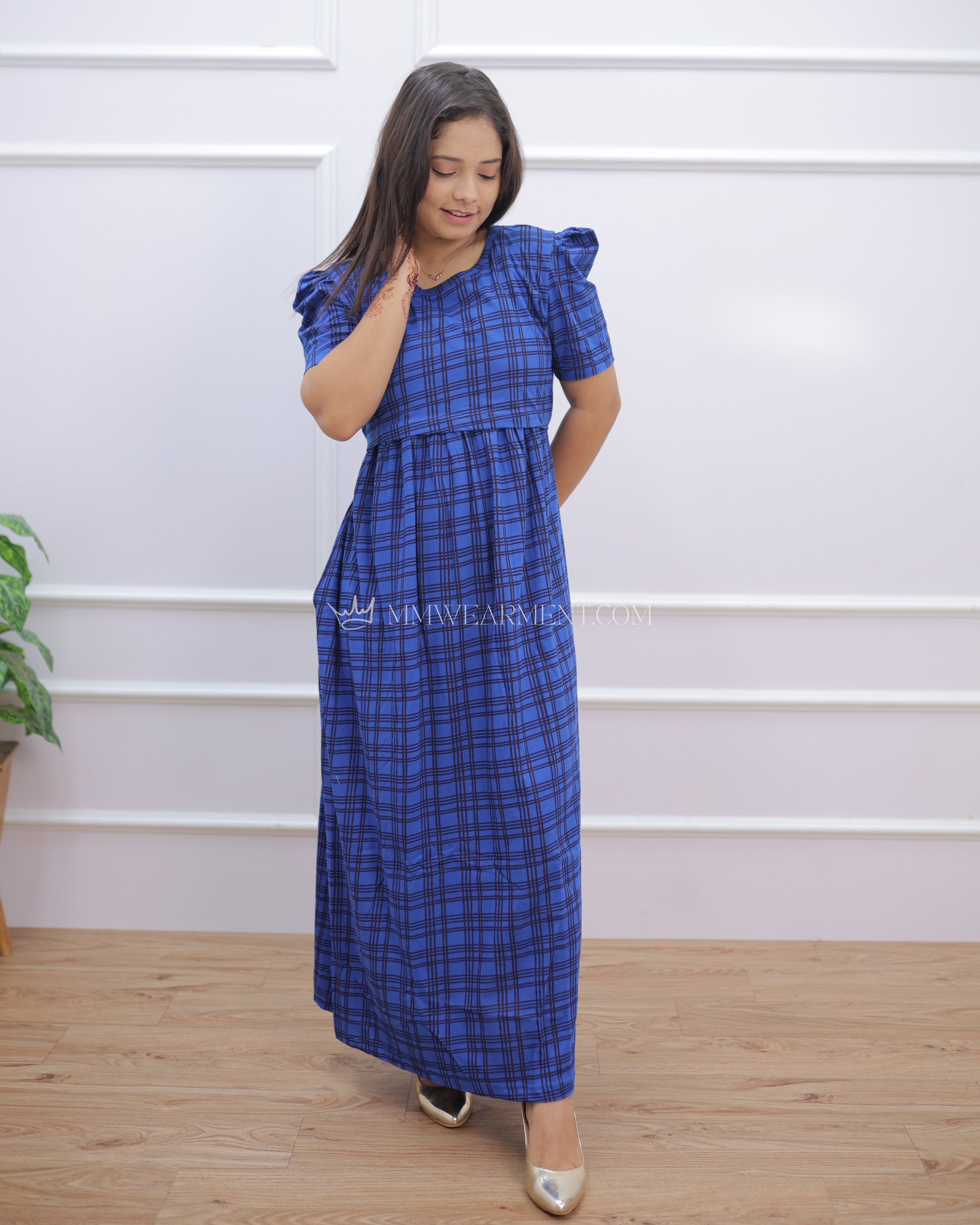 Checks | Zipless Maternity Dress - Puff Sleeves | Full Length