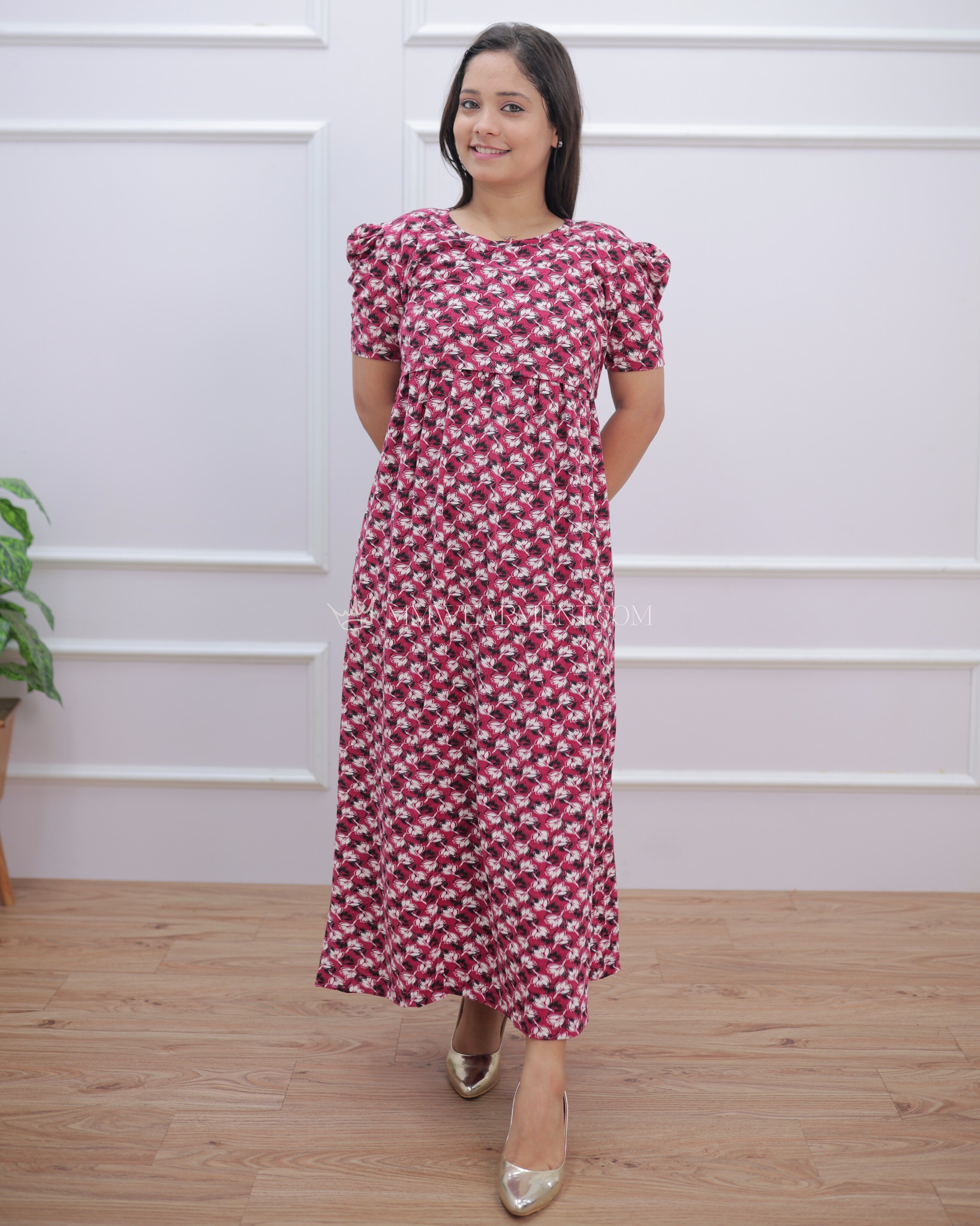 Nadhiya | Zipless Maternity Dress - Puff Sleeves | Full Length
