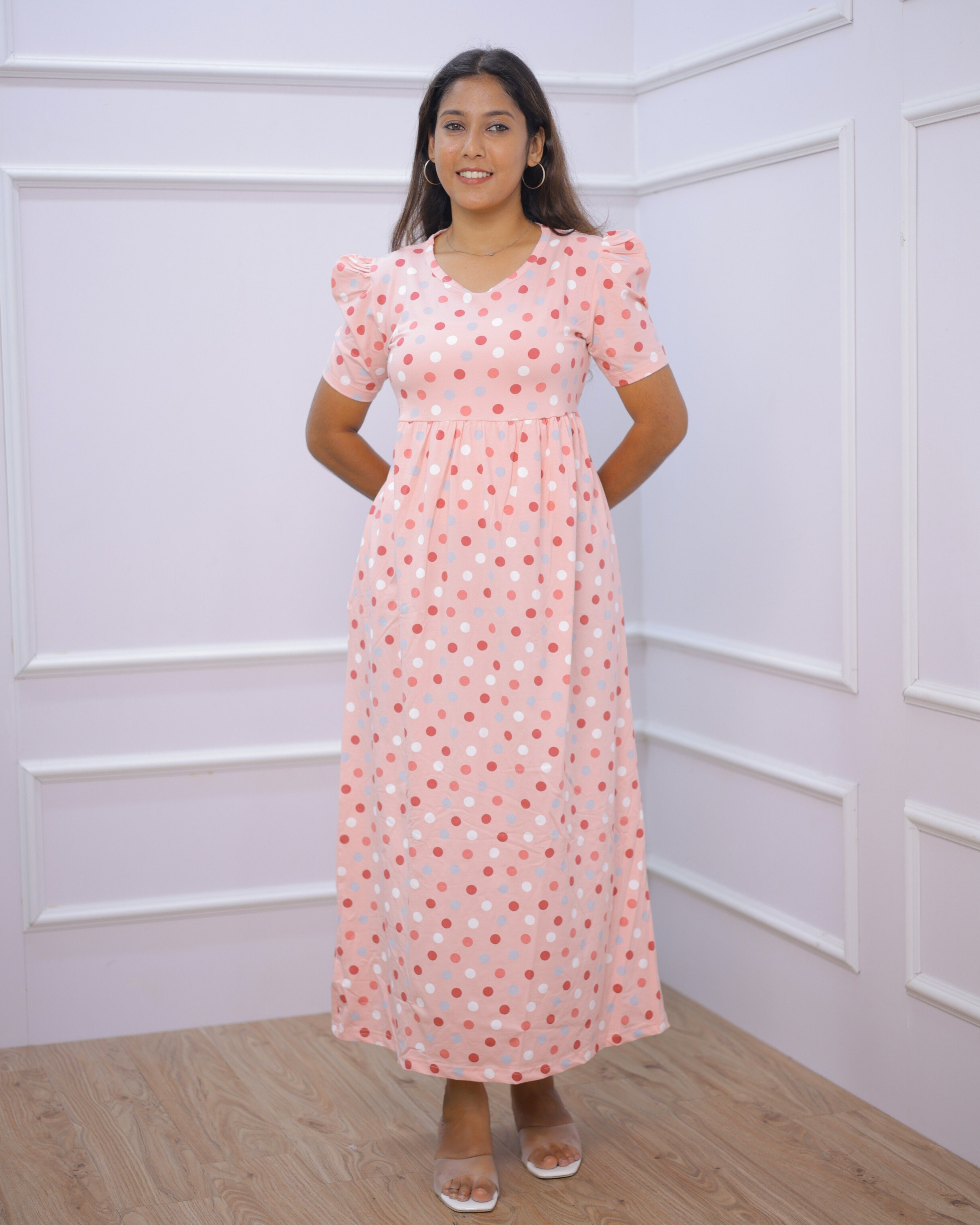 Peach Polka | Casual Non-Maternity Loungewear - Puff Sleeve | Full Length