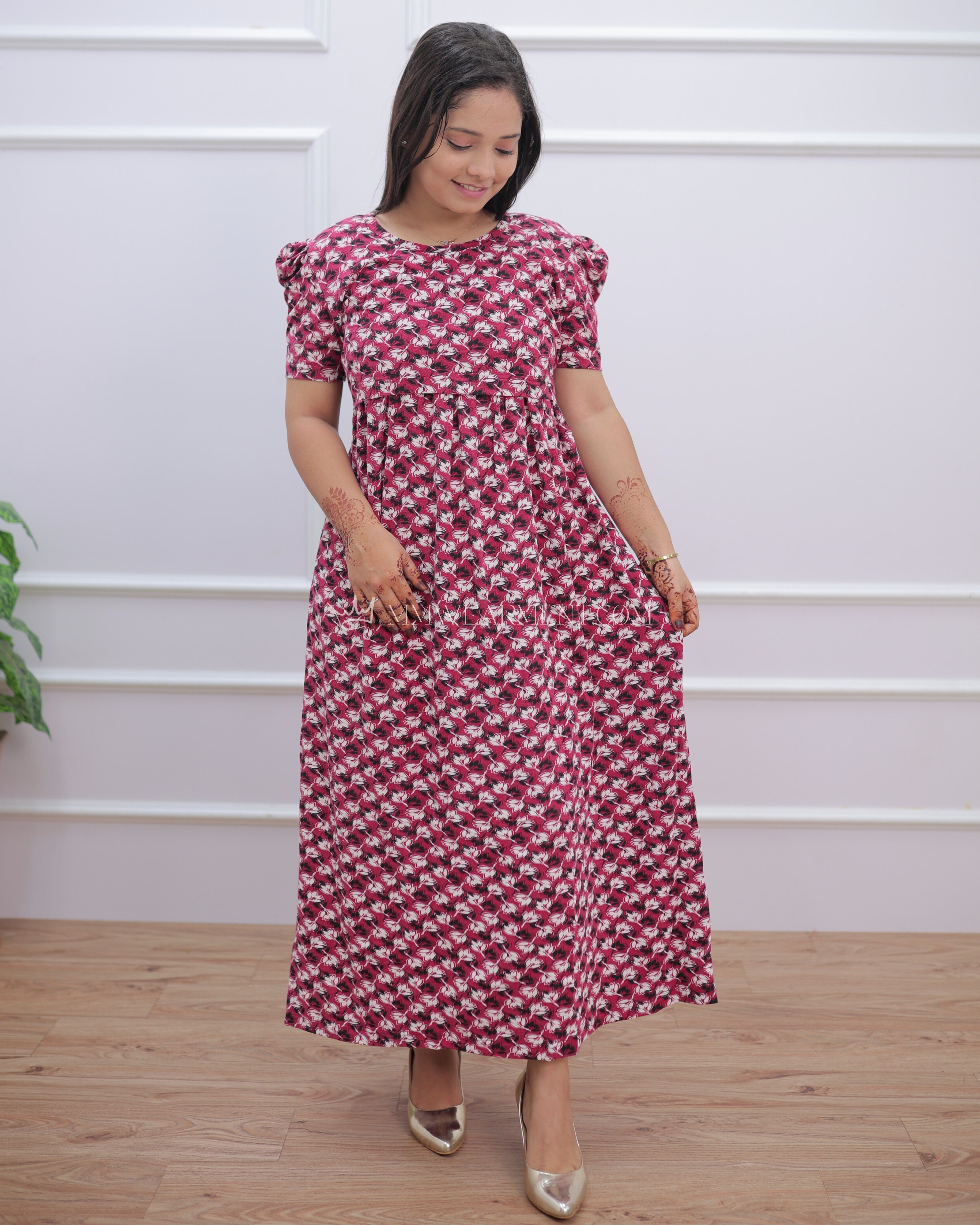 Nadhiya | Zipless Maternity Dress - Puff Sleeves | Full Length