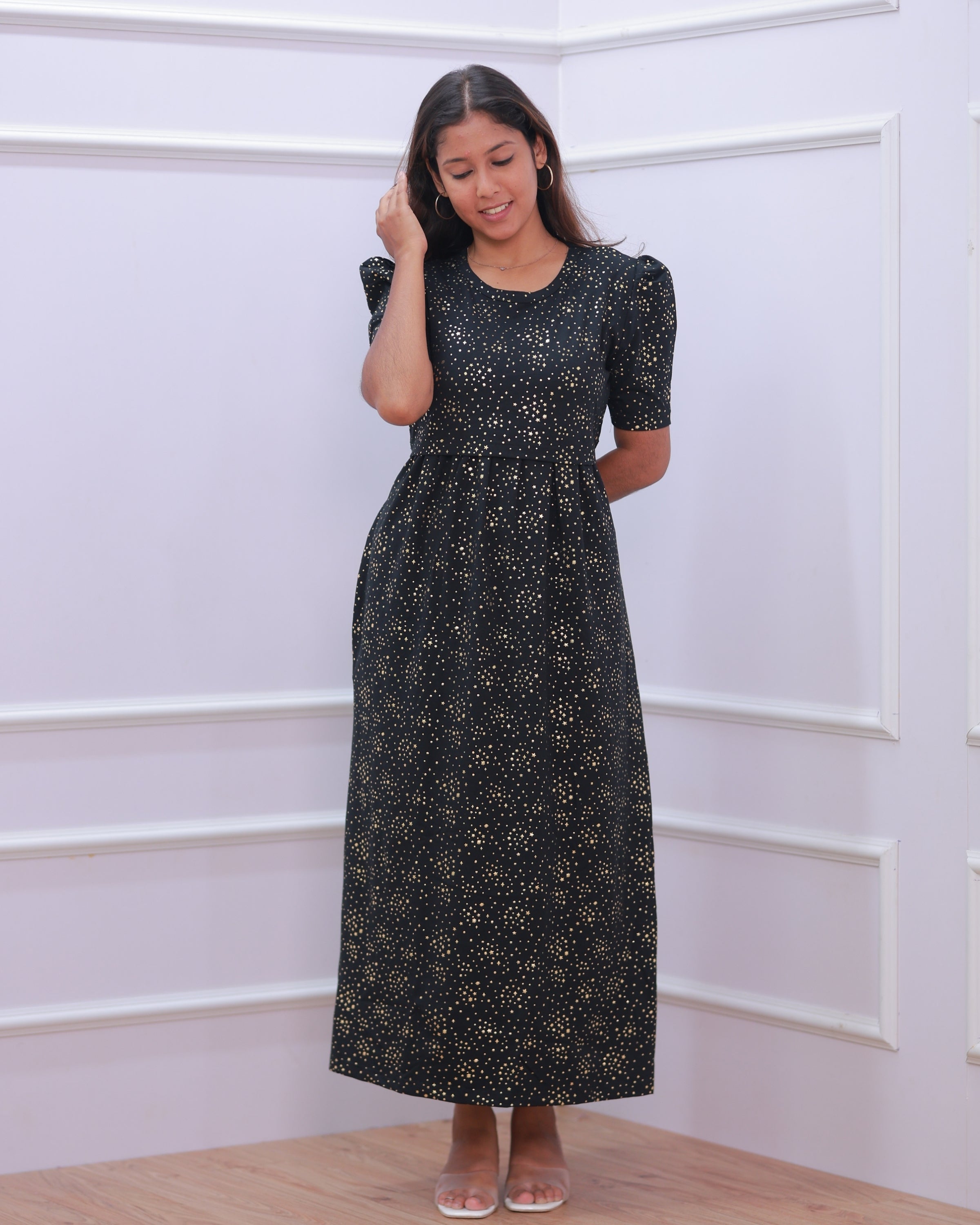 Glit Star | Zipless Maternity Dress - Puff Sleeves | Full Length