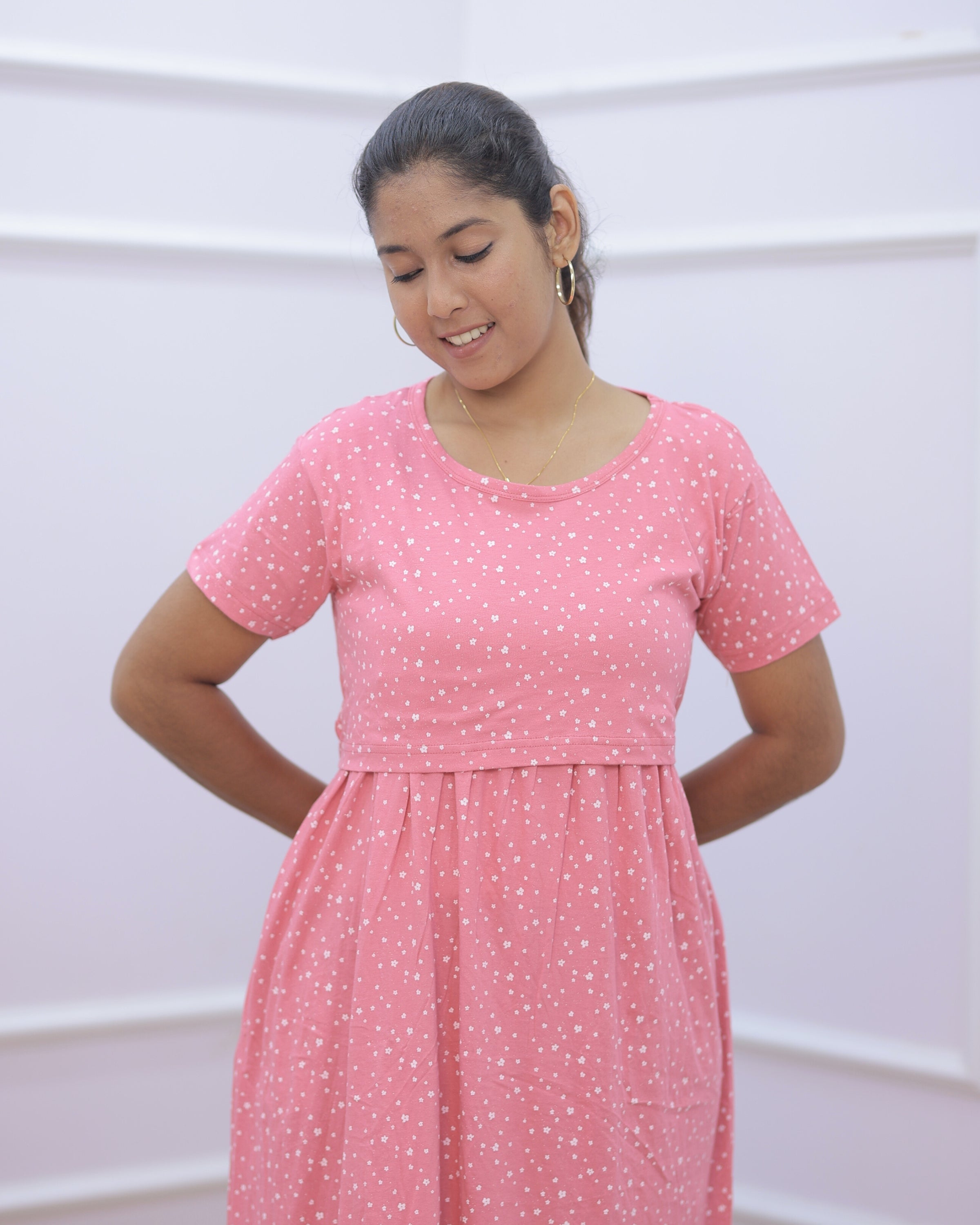 Peach-Star | Zipless Maternity Dress - Normal Sleeves | Full Length
