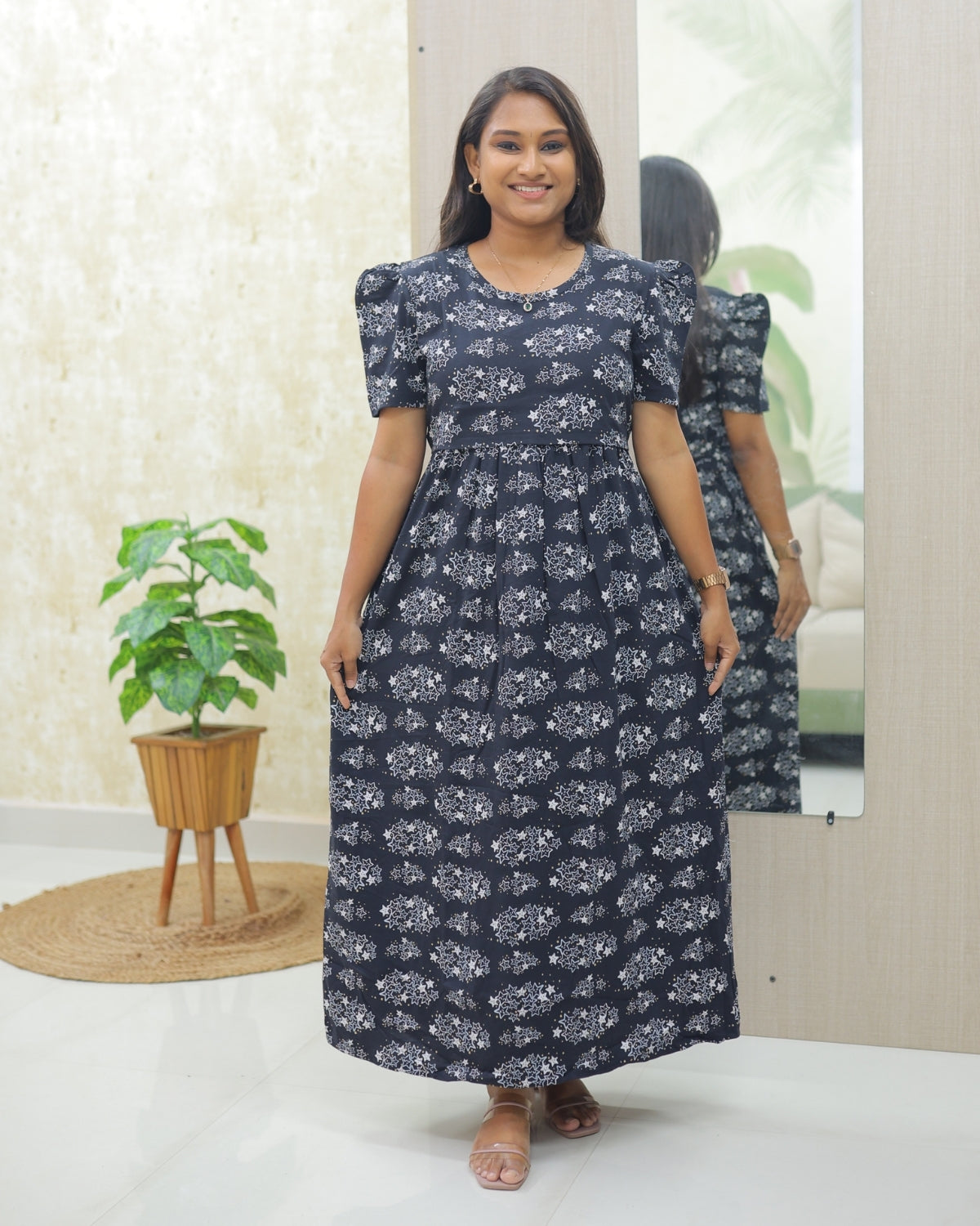 Feba | Zipless Maternity Dress - Puff Sleeves | Full Length Maxi