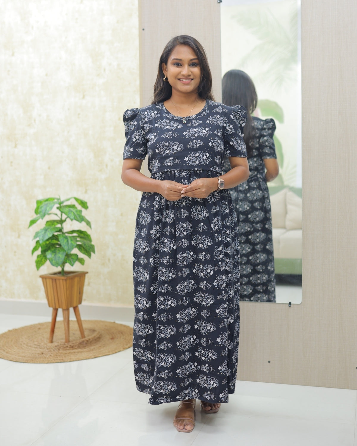 Feba | Zipless Maternity Dress - Puff Sleeves | Full Length Maxi