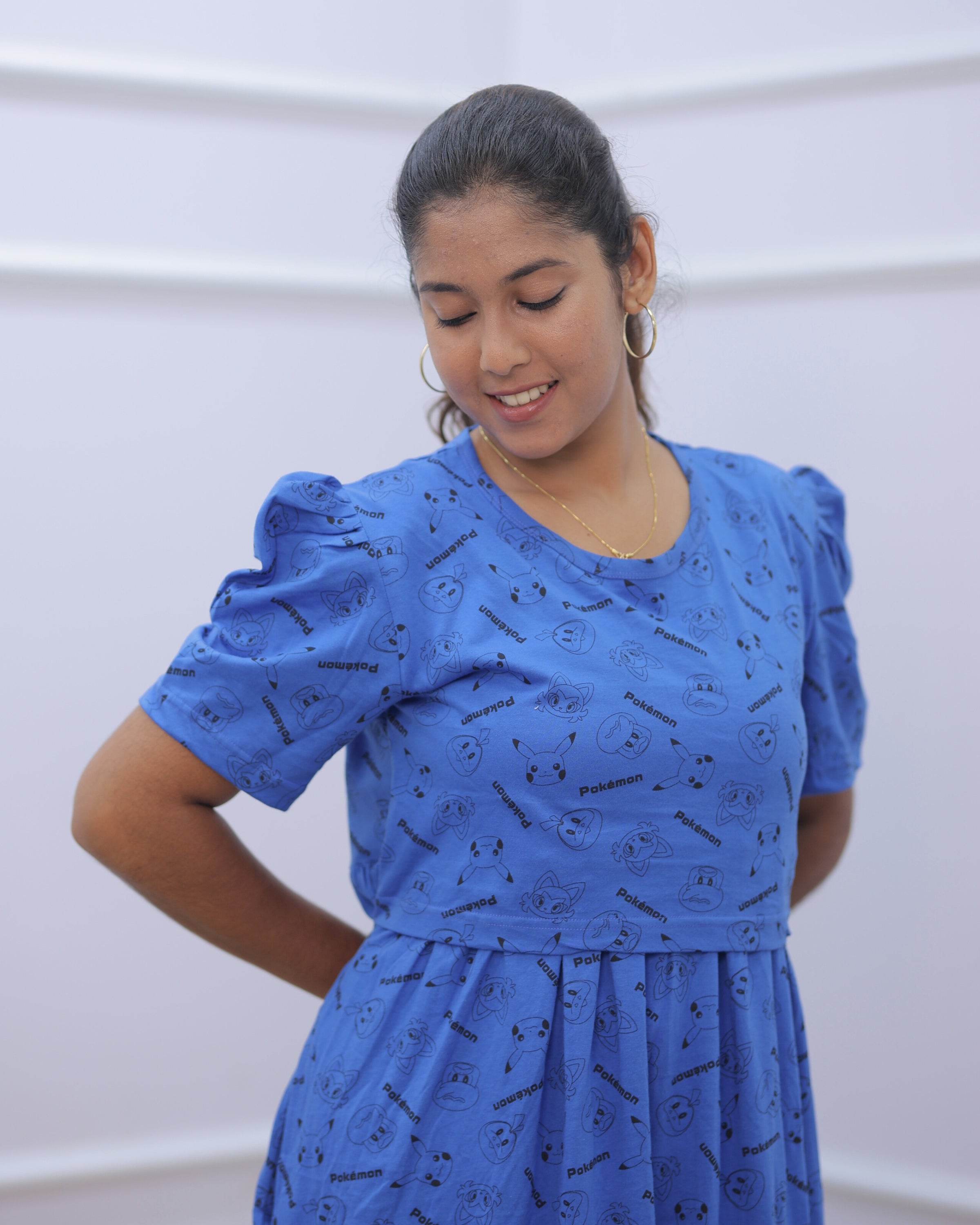 Pokeman | Zipless Maternity Dress - Puff Sleeves | Full Length