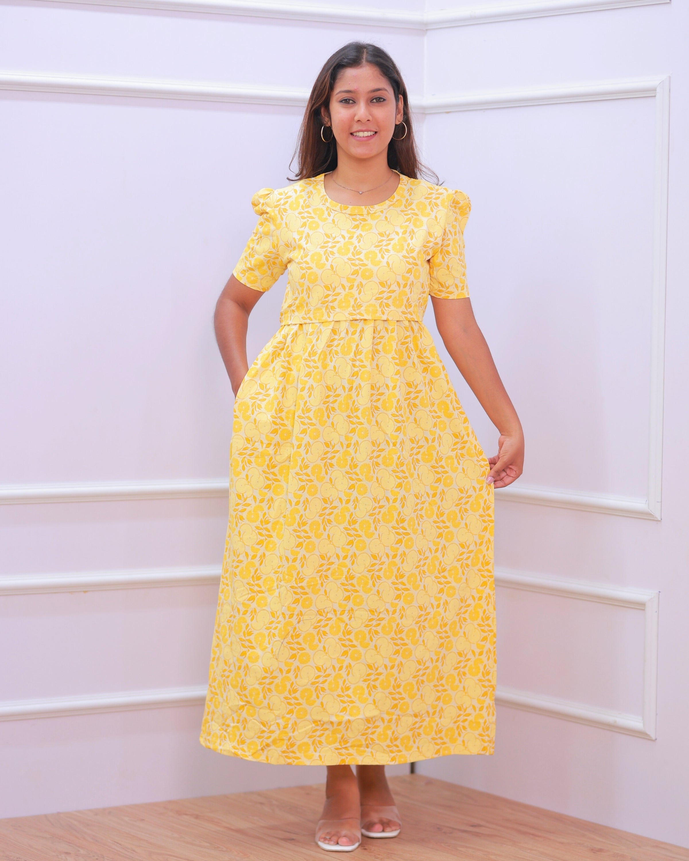 Lemon | Zipless Maternity Dress - Puff Sleeves | Full Length