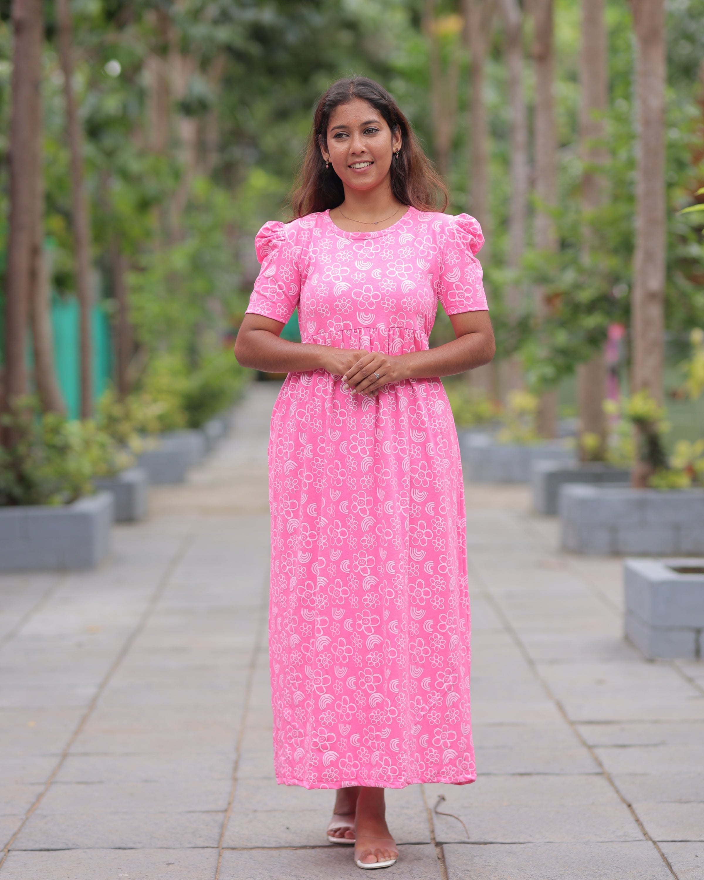 Pink-Bloom | Casual Non-Maternity Loungewear - Puff Sleeve | Full Length