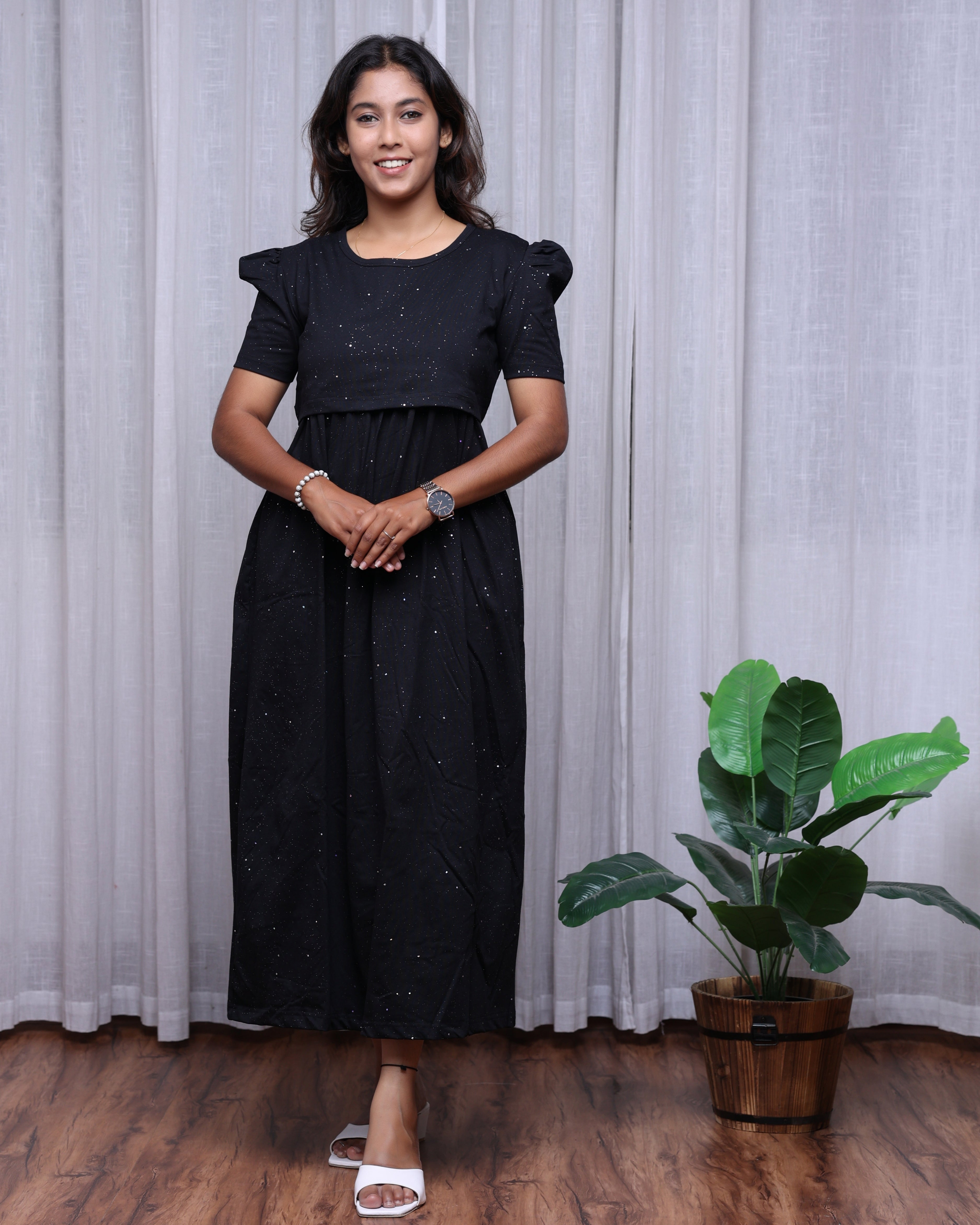 Glitter Black | Zipless Maternity Dress - Puff Sleeves | Full Length