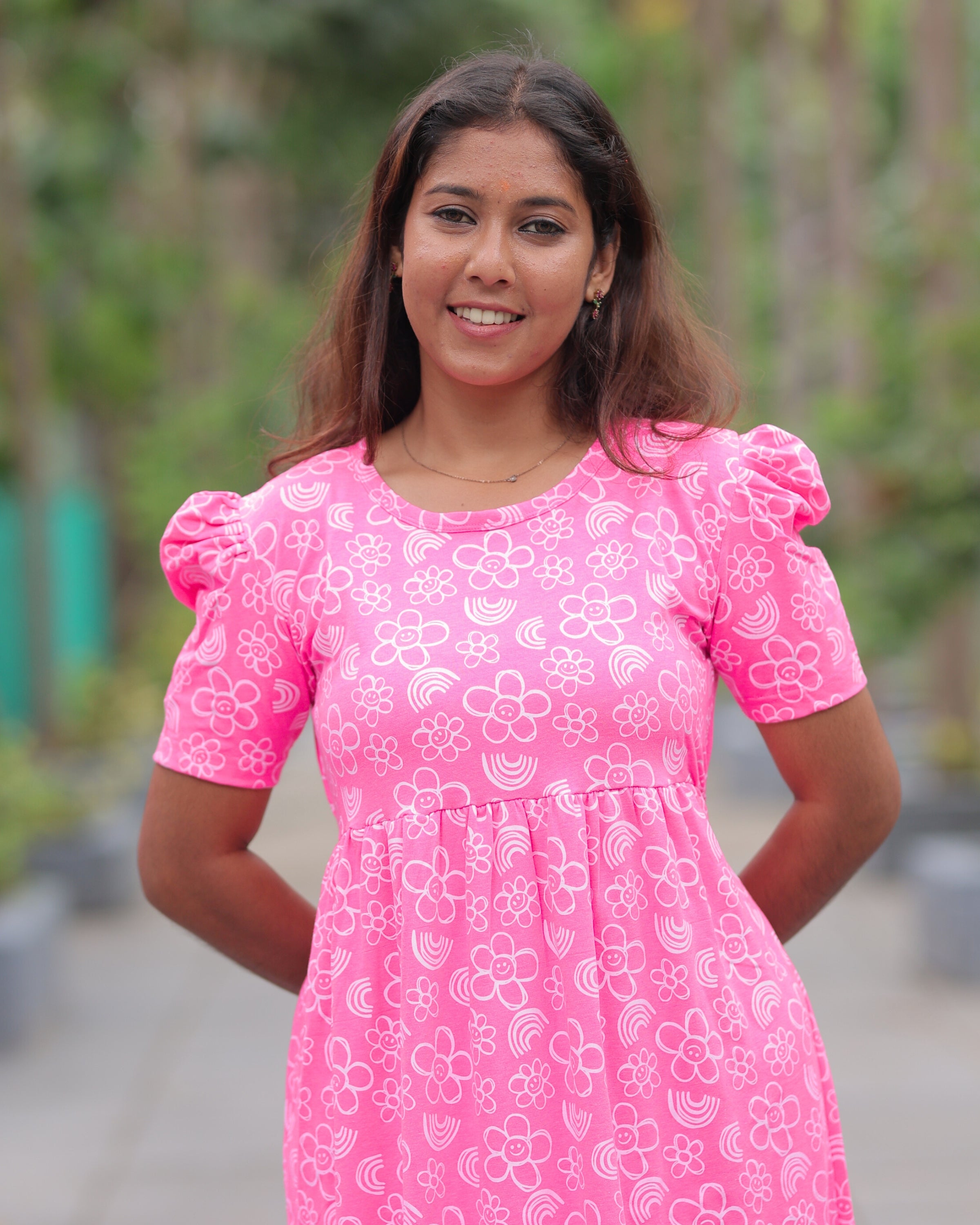 Pink-Bloom | Casual Non-Maternity Loungewear - Puff Sleeve | Full Length