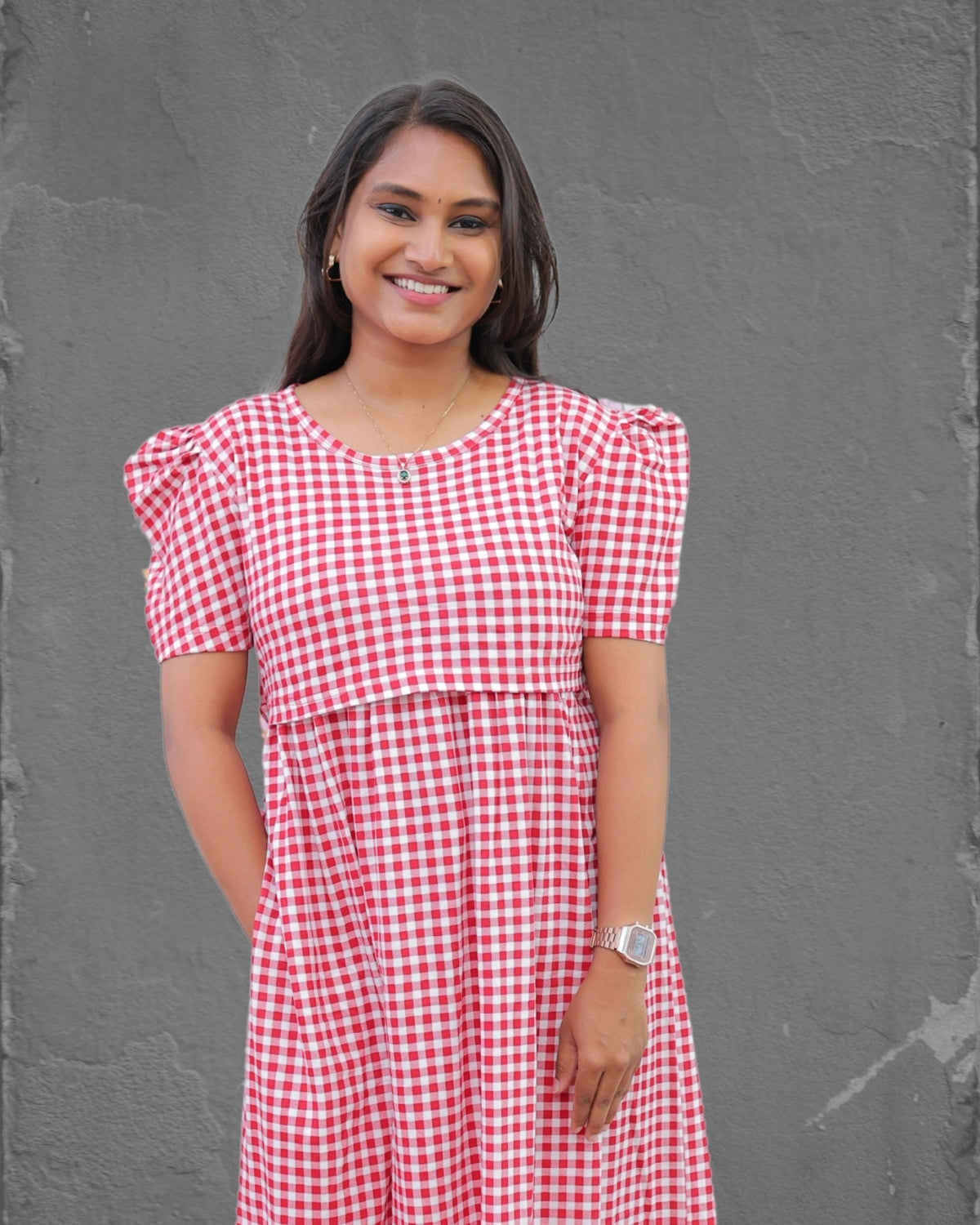 April | Zipless Maternity Dress - Puff Sleeves | Full Length Maxi