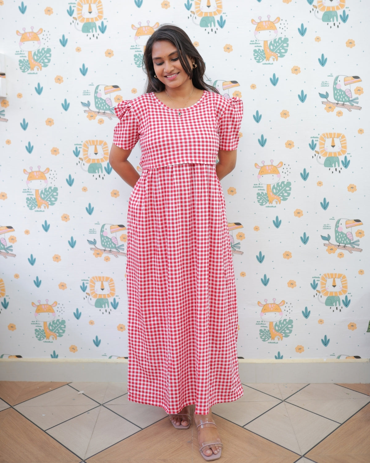 April | Zipless Maternity Dress - Puff Sleeves | Full Length Maxi