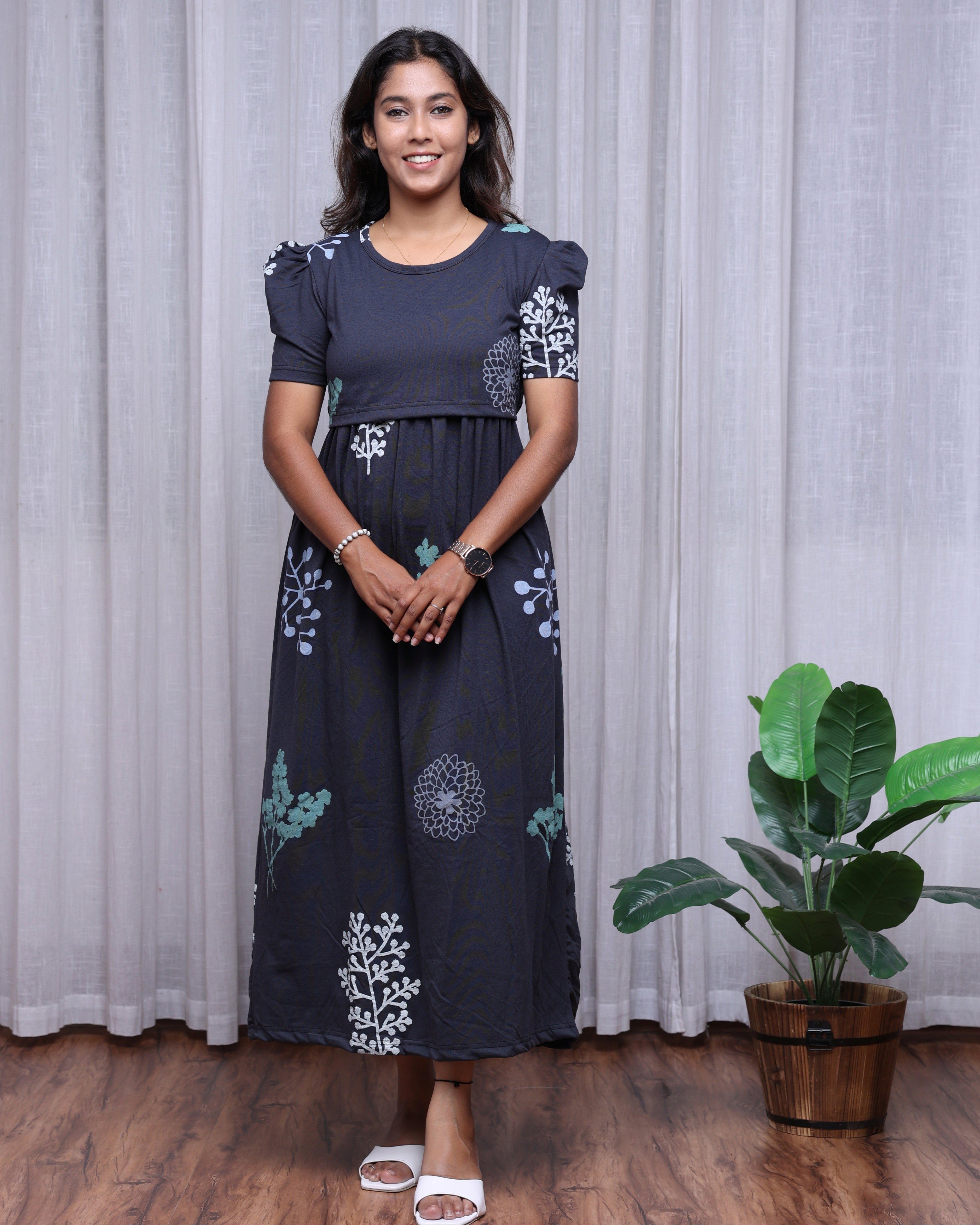 Alora | Zipless Maternity Dress - Puff Sleeves | Full Length
