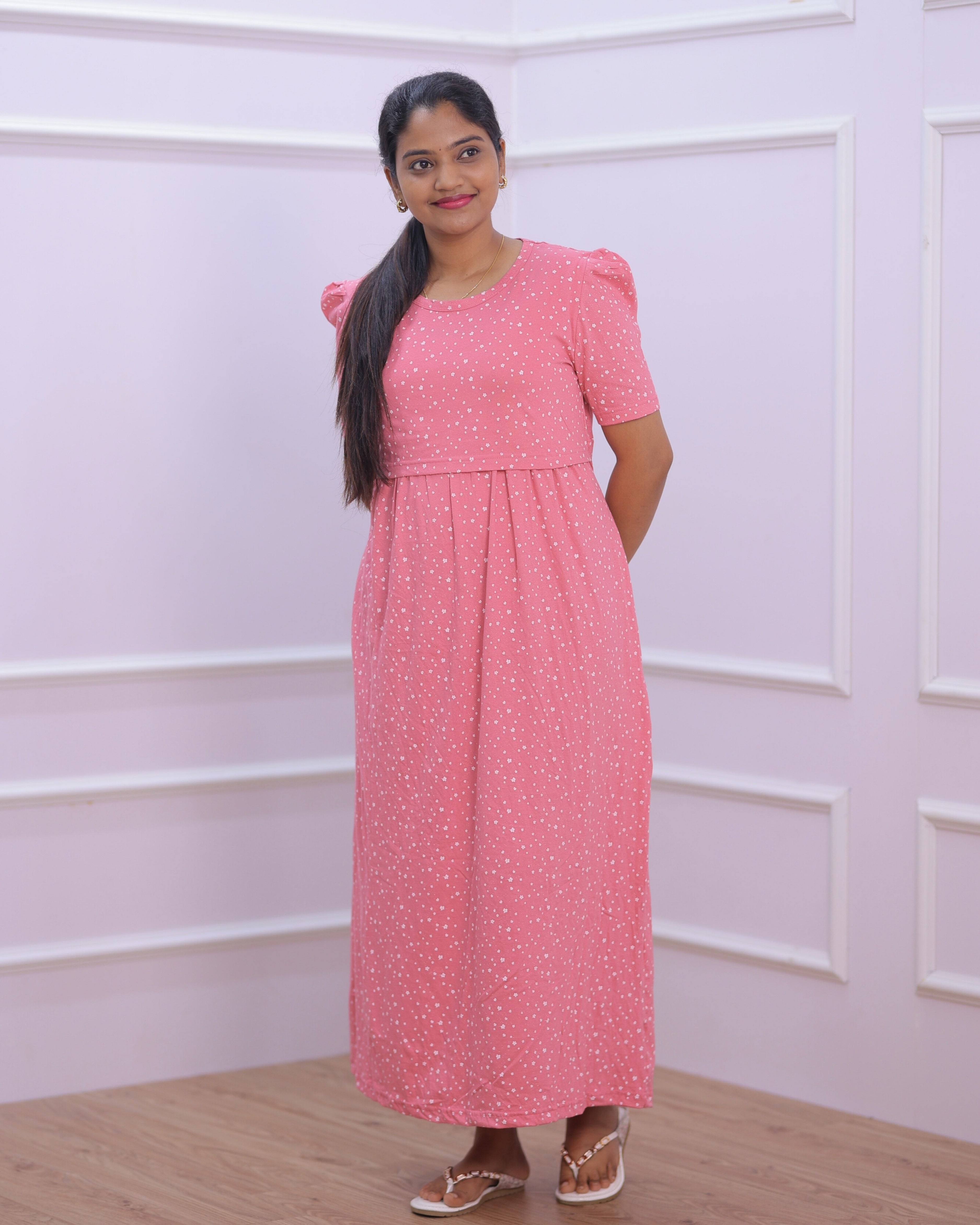 Sara | Zipless Maternity Dress - Puff Sleeves | Full Length