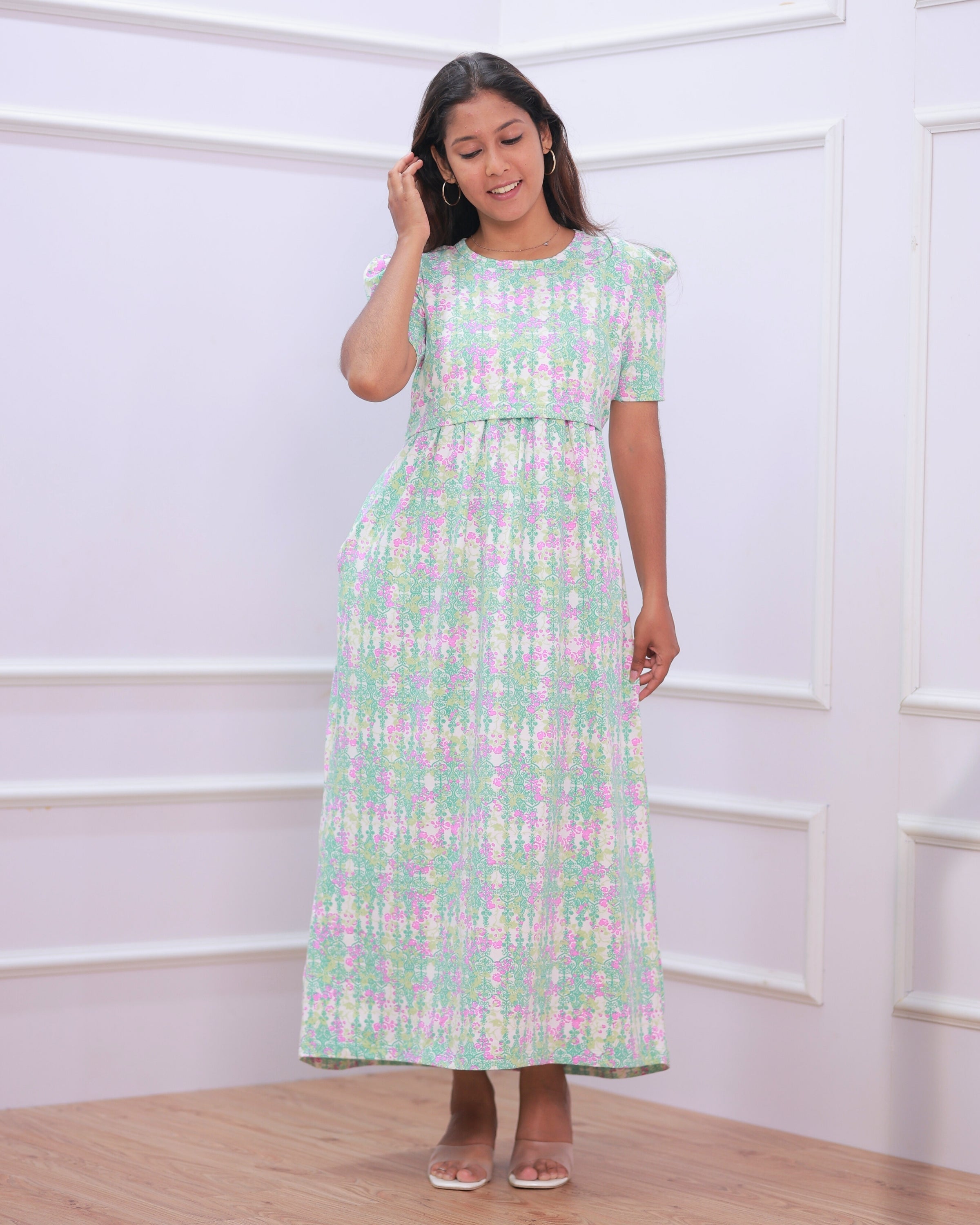 Eva | Zipless Maternity Dress - Puff Sleeves | Full Length