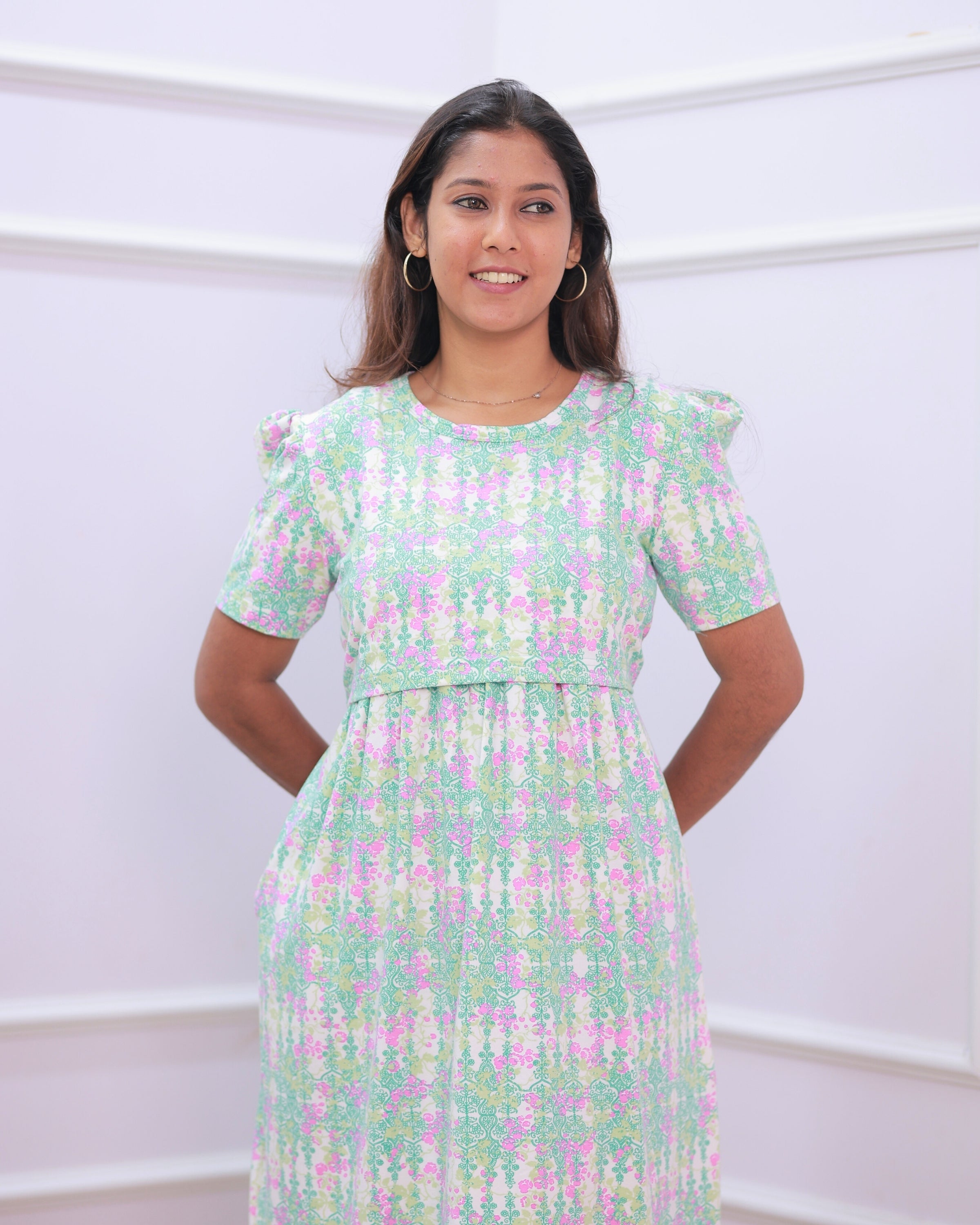 Eva | Zipless Maternity Dress - Puff Sleeves | Full Length