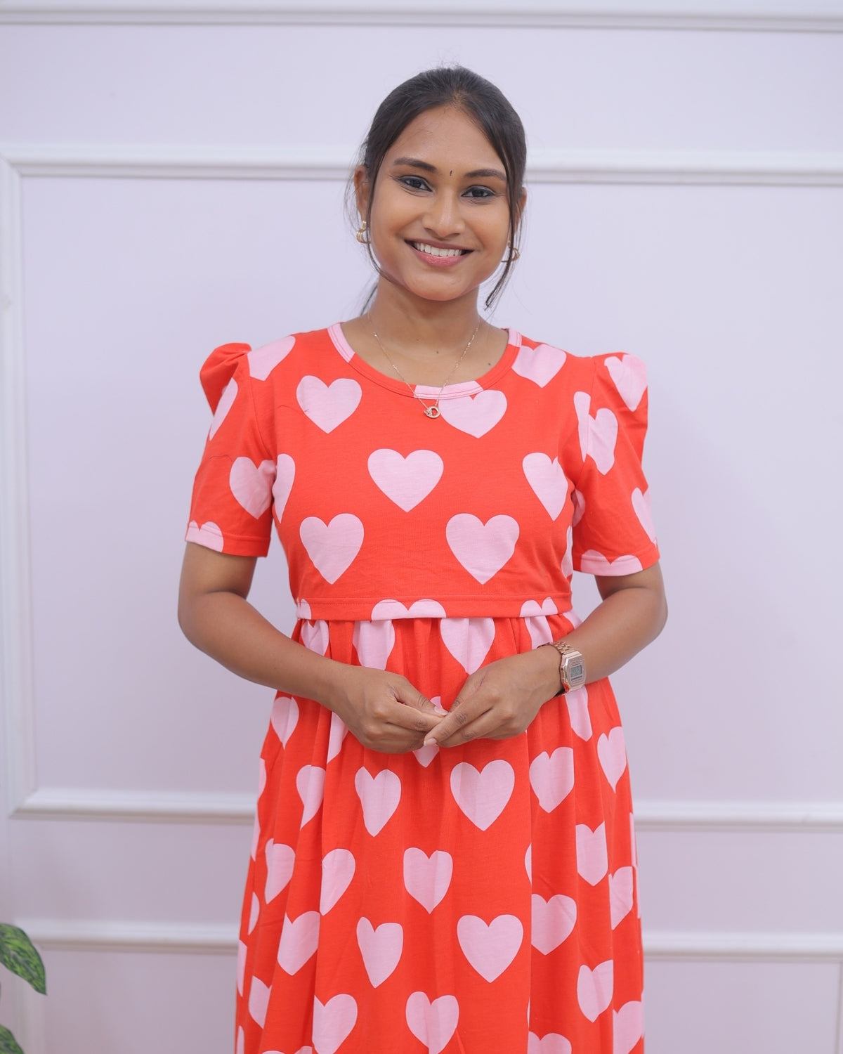 Priyam | Zipless Maternity Dress - Puff Sleeves | Full Length Maxi