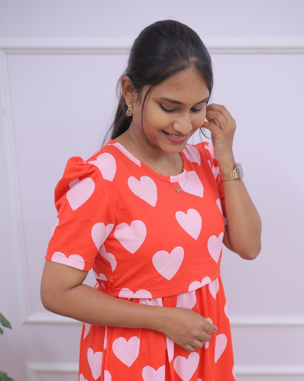 Priyam | Zipless Maternity Dress - Puff Sleeves | Full Length Maxi