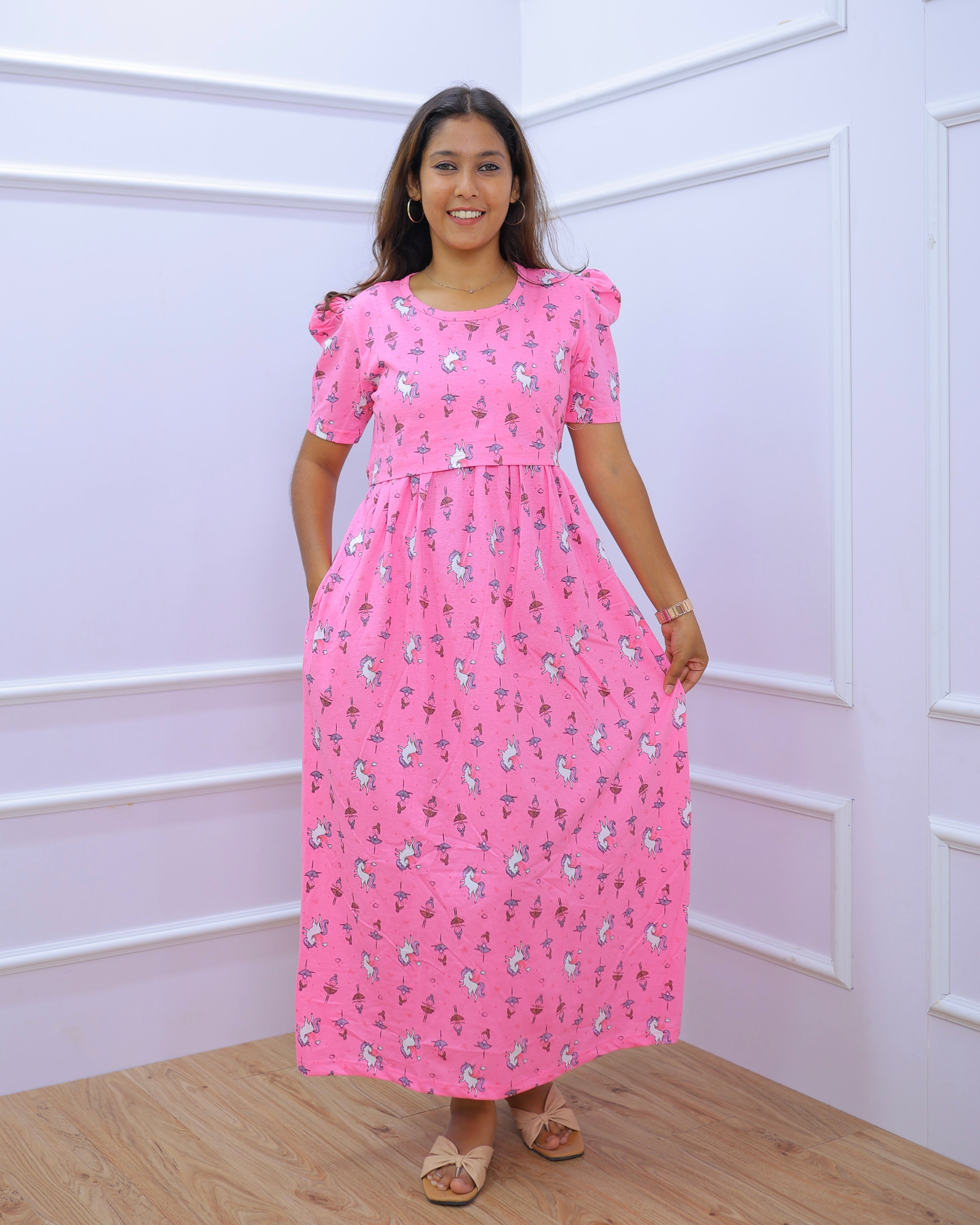 Unicorn | Zipless Maternity Dress - Puff Sleeves | Full Length