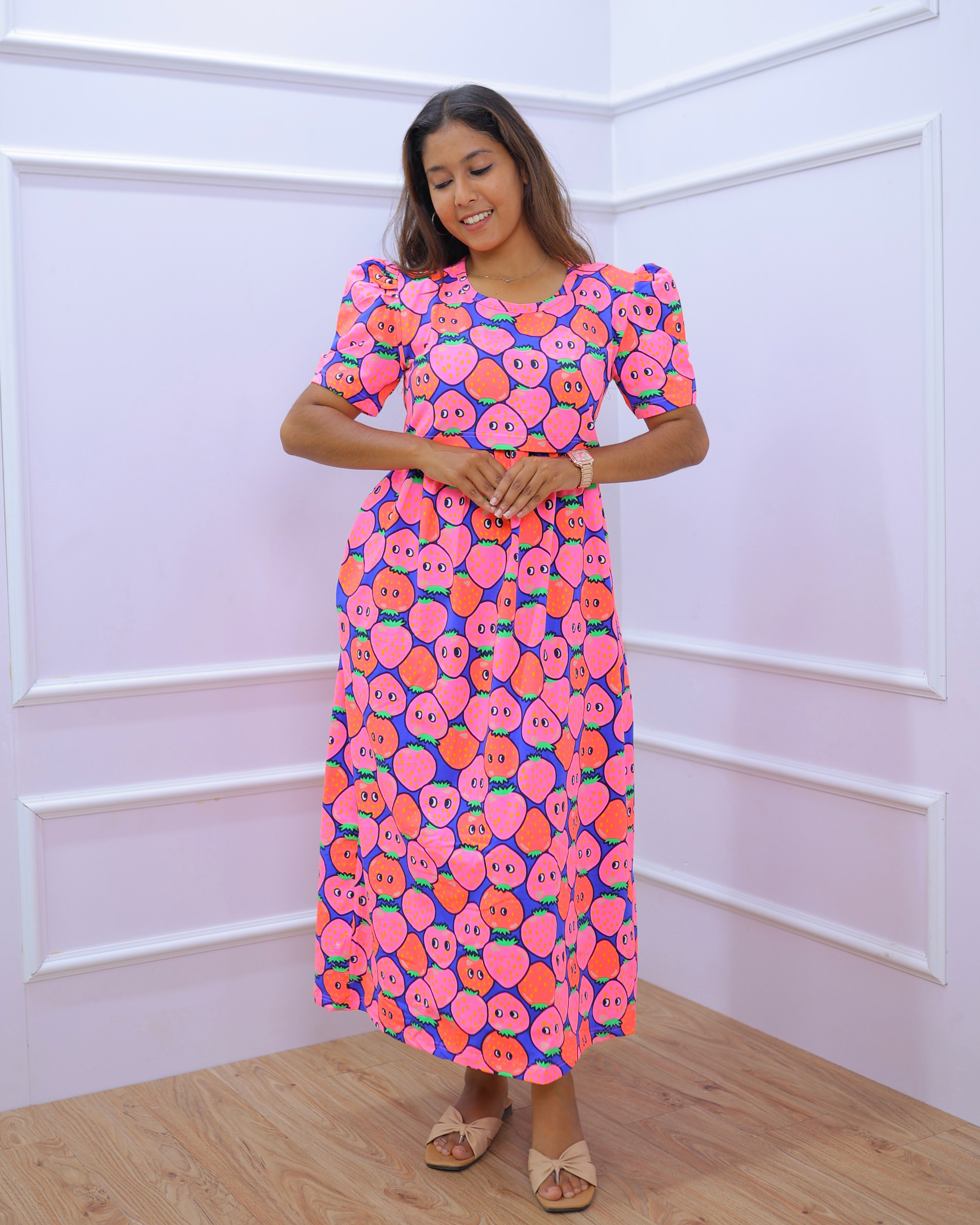 Mishty | Zipless Maternity Dress - Puff Sleeves | Full Length