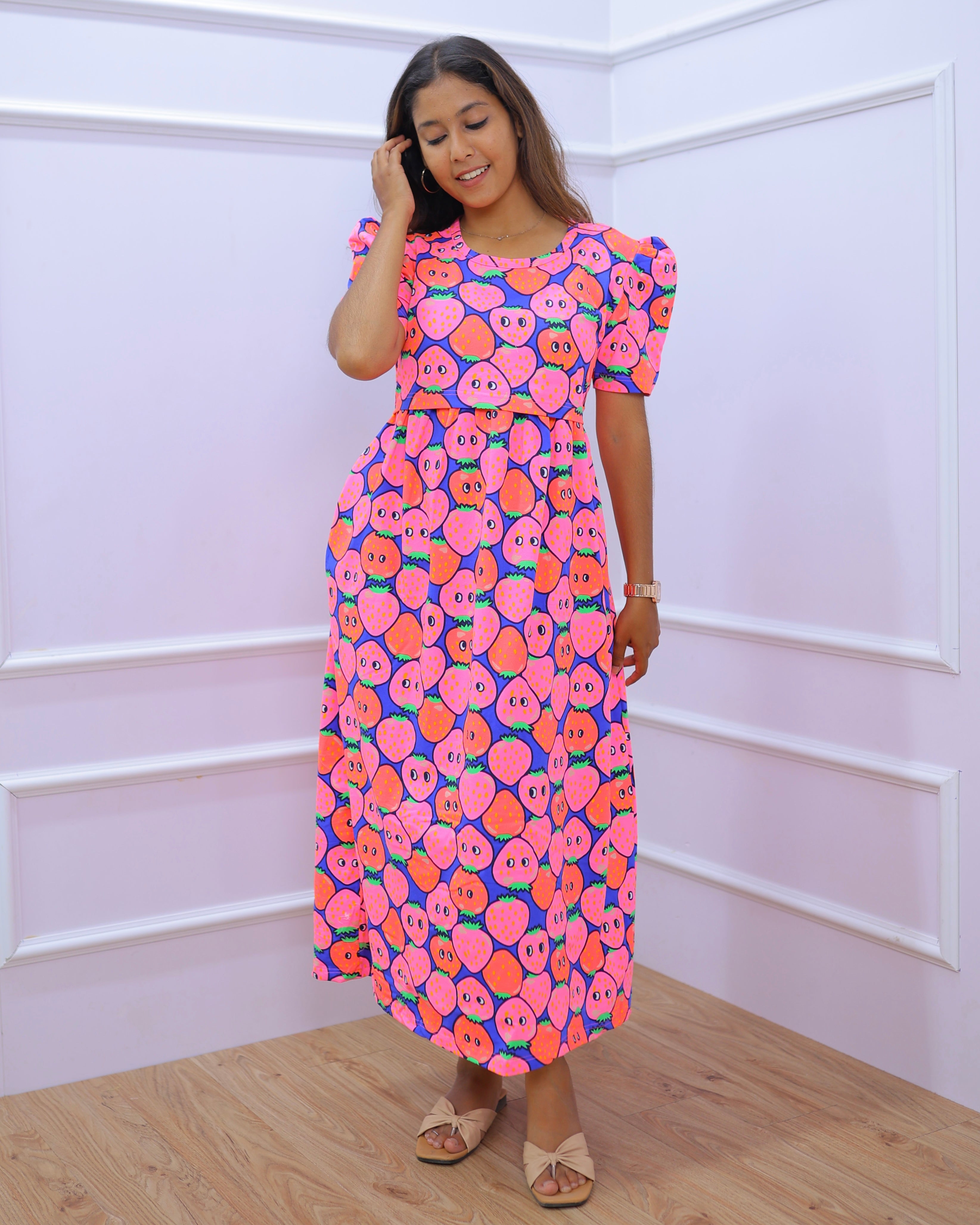 Mishty | Zipless Maternity Dress - Puff Sleeves | Full Length
