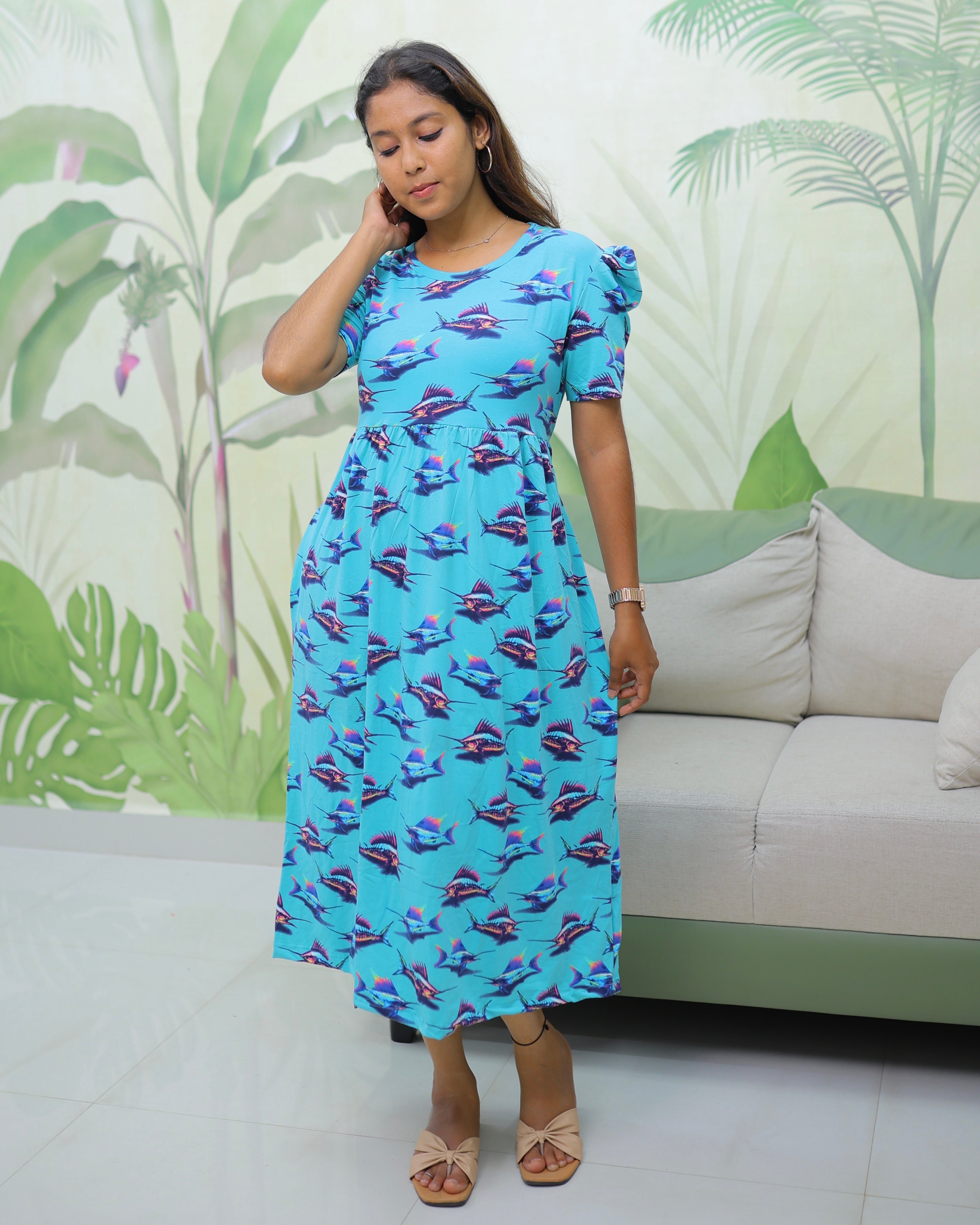 Fishy | Casual Non-Maternity Loungewear - Puff Sleeve | Calf Length