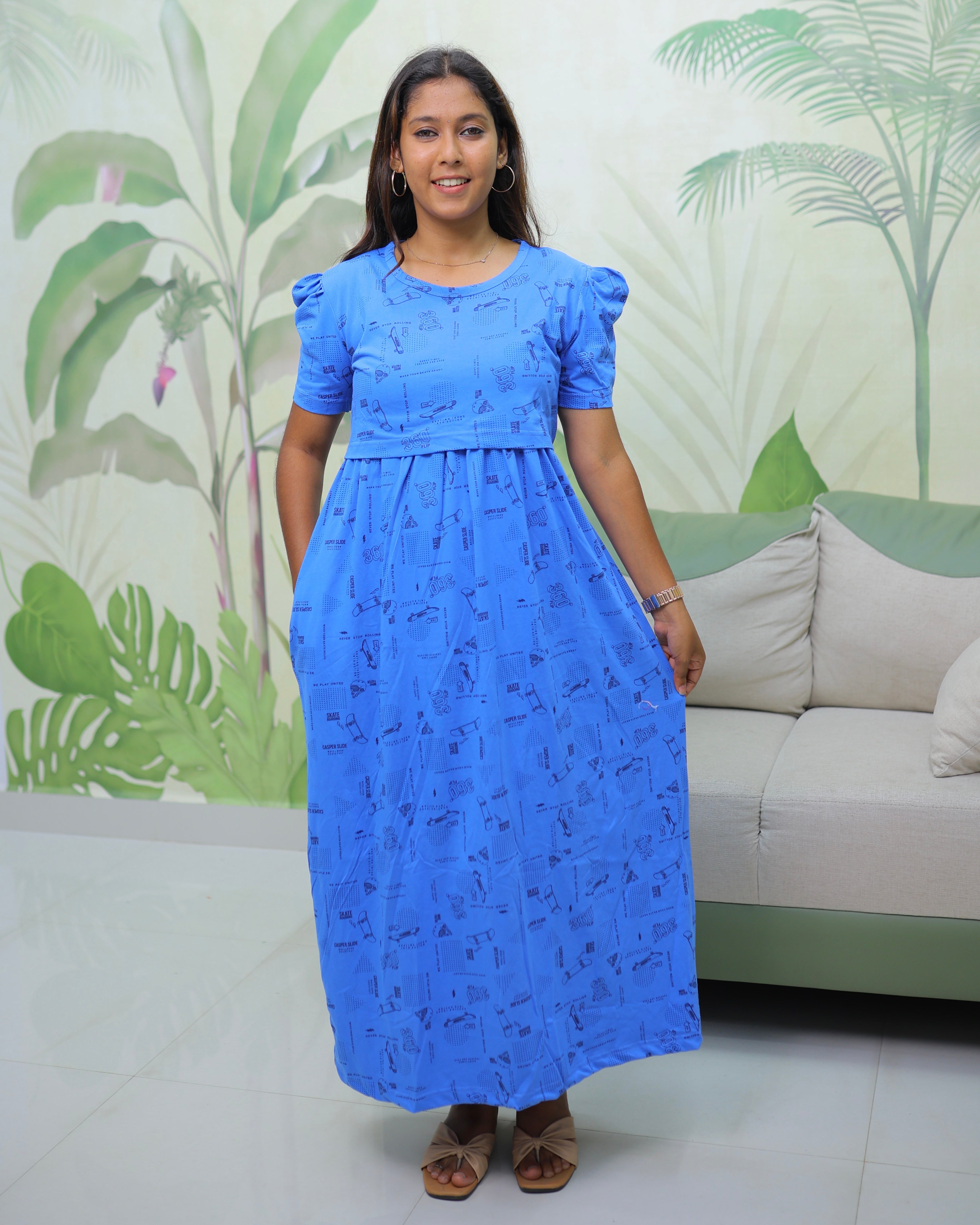 Playtime | Zipless Maternity Dress - Puff Sleeves | Full Length - Only S Size