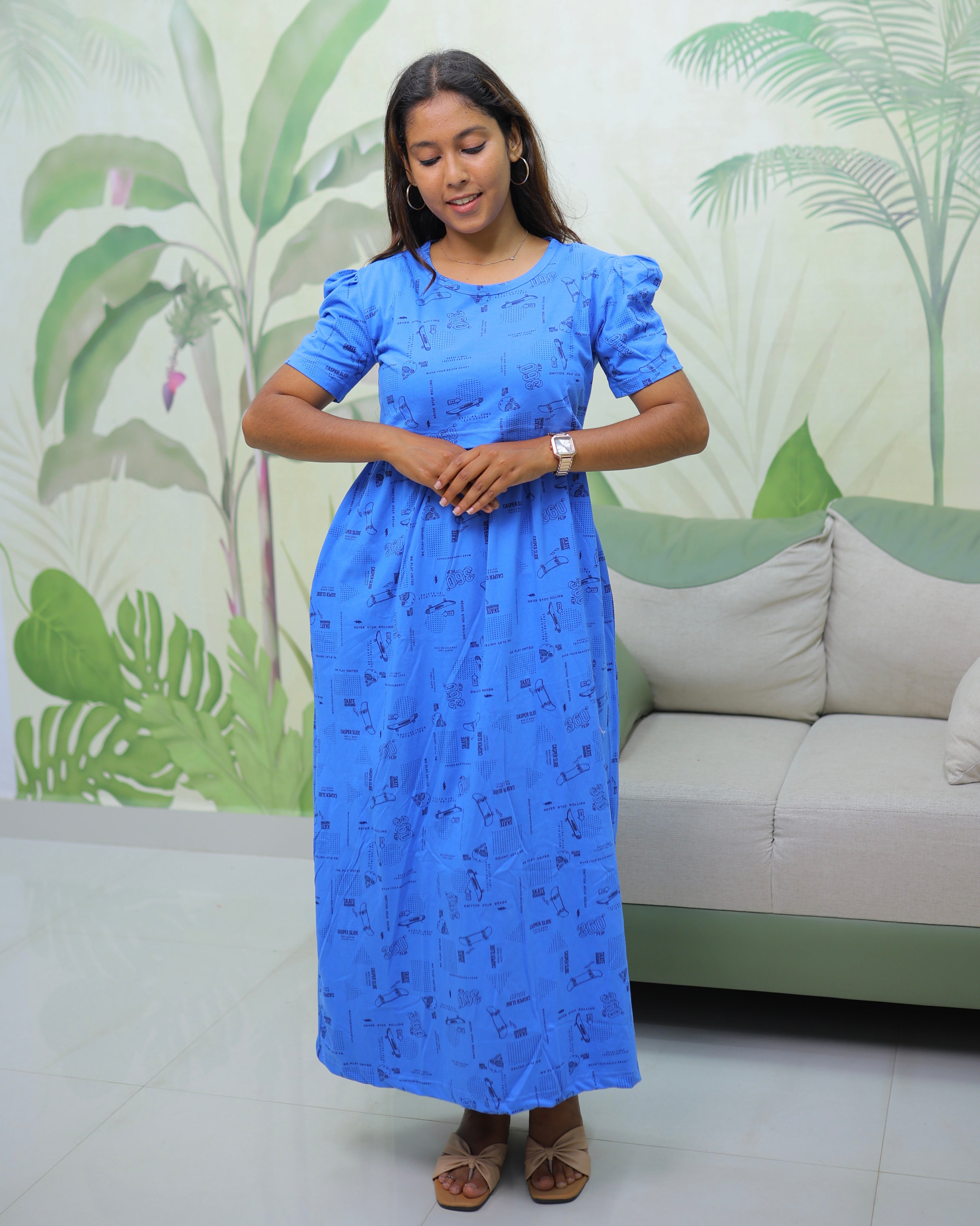 Playtime | Zipless Maternity Dress - Puff Sleeves | Full Length - Only S Size