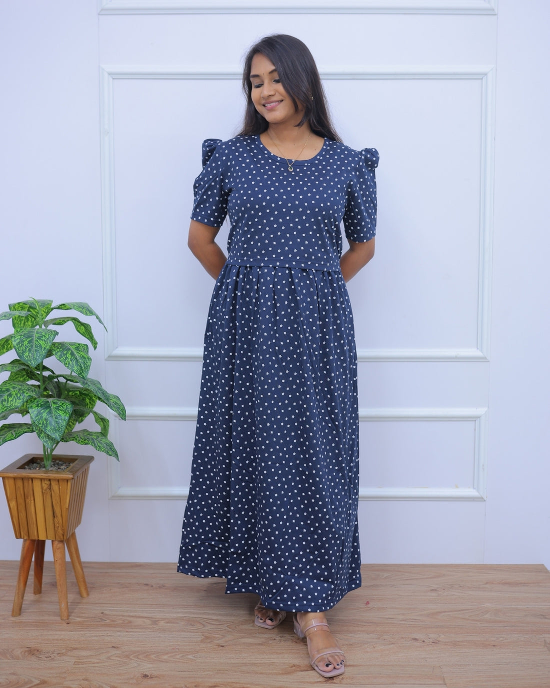 Canisa | Zipless Maternity Dress - Puff Sleeves | Full Length Maxi