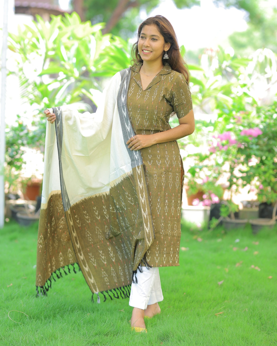 Khaki-Ikkat | Maternity Kurti with Lining [TOP + PANT + DUPATTA]
