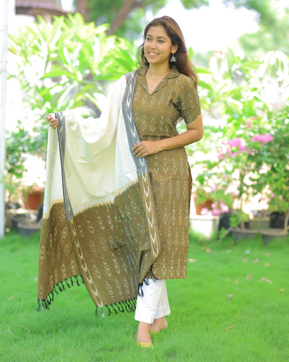 Khaki-Ikkat | Maternity Kurti with Lining [TOP + PANT + DUPATTA]