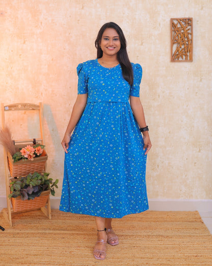 Neera | Zipless Maternity Dress - Puff Sleeves | Calf Length