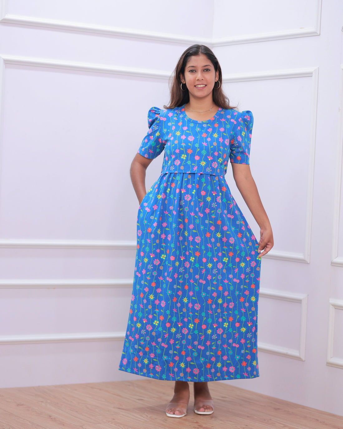 Maria | Zipless Maternity Dress - Puff Sleeves | Full Length